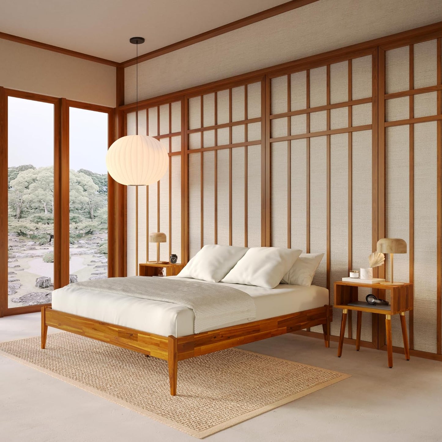 Bme Dinkee Wooden Queen Bed Frame, 15 Inch Height, Elegant Minimalist Modern Design with Japanese Joinery, Durable Wood Slats for Reliable Support, No Box Spring Required, Caramel