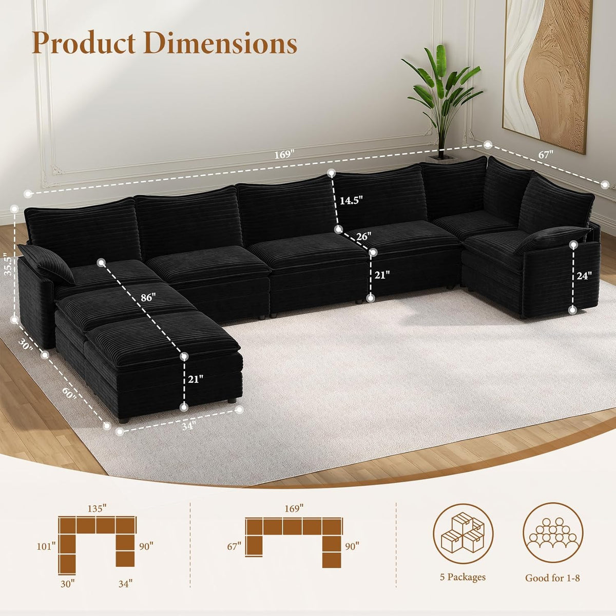 Vesgantti Large Modular Sectional Sofa, Big Comfy Cloud Couch with Ottoman Deep Seat Corduroy Cloud Sofa, 8 Seater Large Sectional Couches for Living Room, Bedroom and Apartment, Black