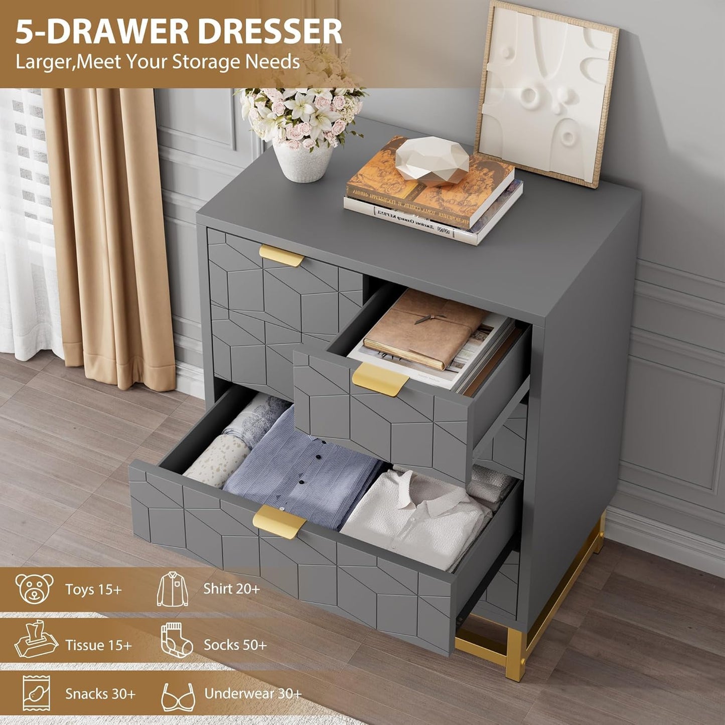 GAOMON Grey 5 Drawer Dresser for Bedroom, Chest of Drawers with Metal Base, Modern Dresser Chest Cabinet Organizer for Living Room, Hallway, Closet
