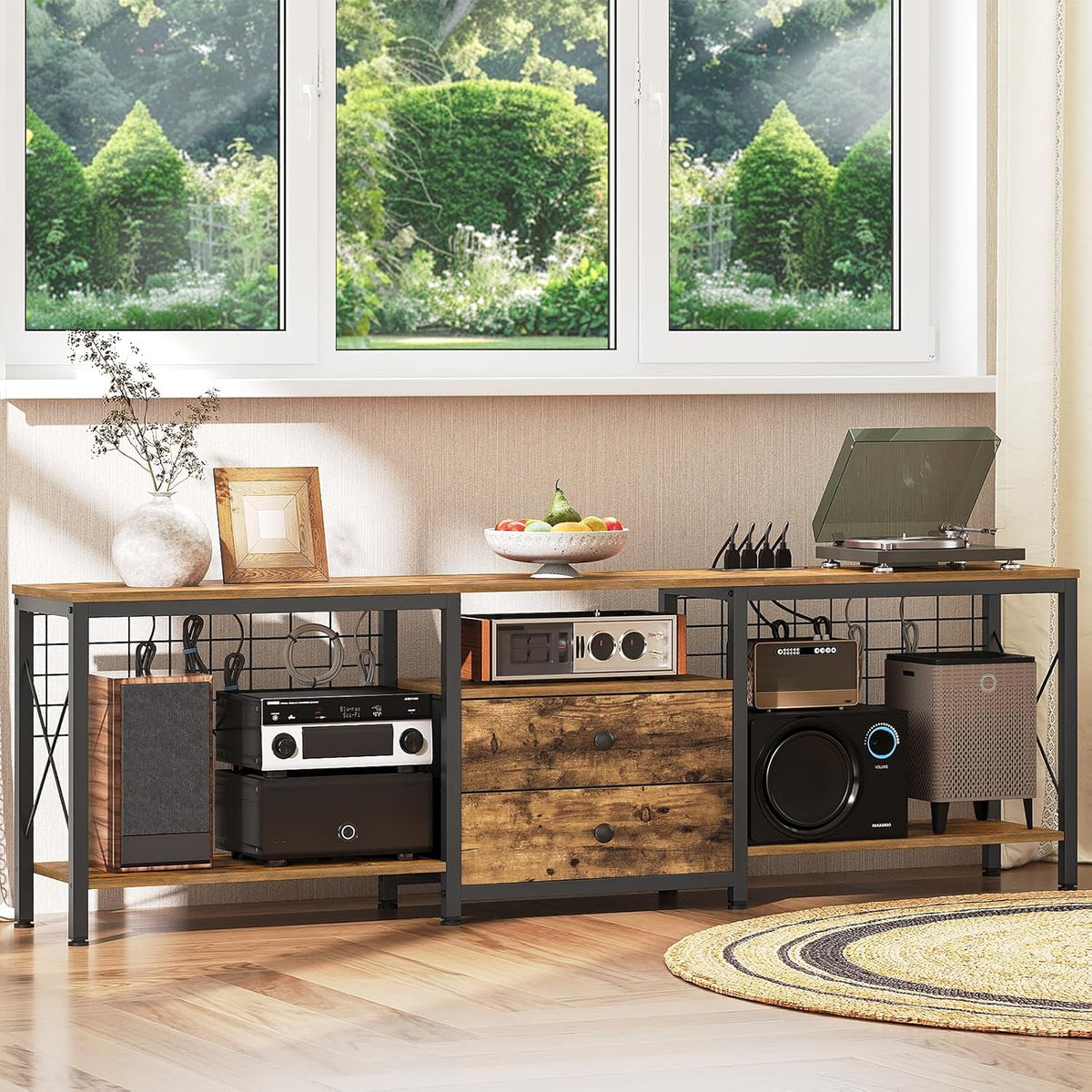 TV Stand with Power Outlet Up to 75 Inch, Entertainment Center with 2 Fabric Drawers, TV Console Table with Open Storage Shelves for TVs, Cable Management, for Living Room, Bedroom, DS18UBRY1