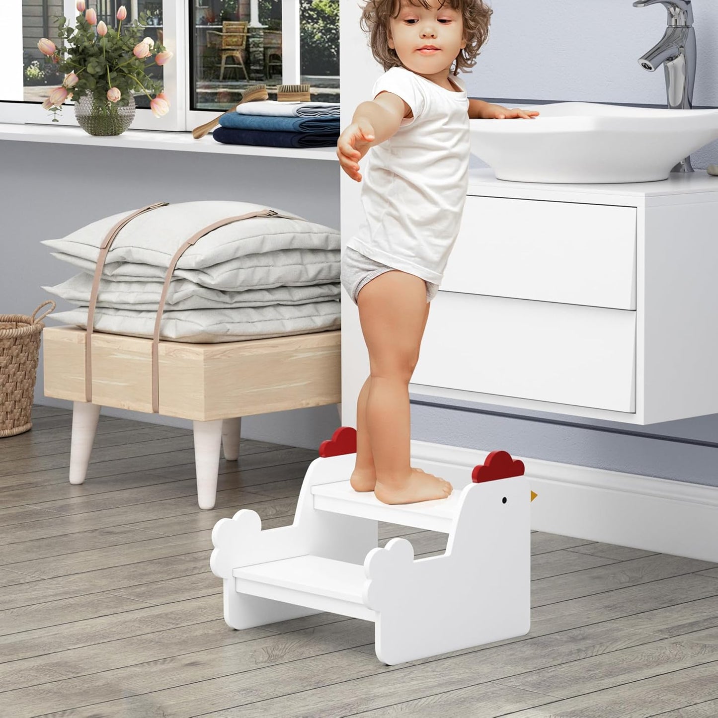 Wood Step Stools for Kids, Child Two Step Stool of Chick Shape, Toddler Step Stools Potty Training Stool, Easy to Move Safety for Kitchen, Bathroom, Bedroom, Toilet