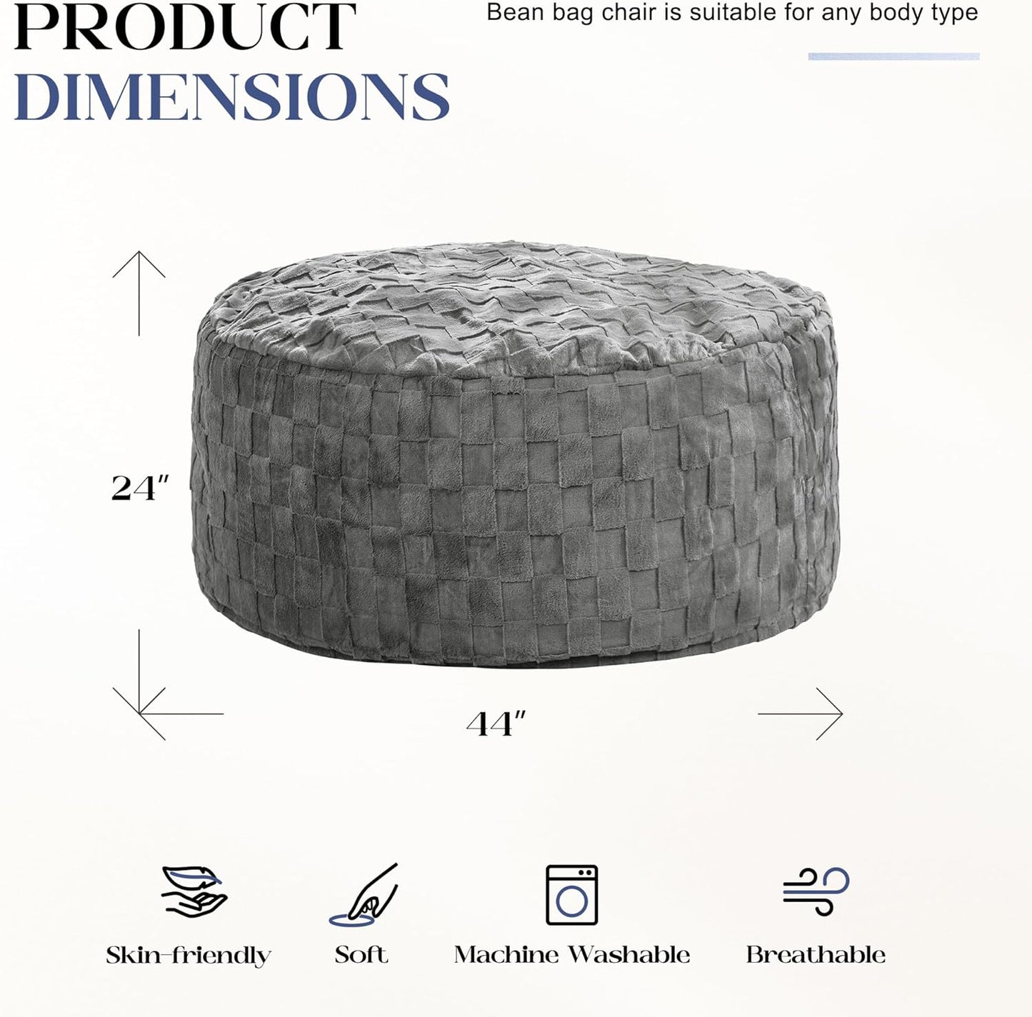 Hobestluk Bean Bag Chairs Beanbag Chair with Filler Adult Bean Bags with Fluffy Plaid Cover, Giant Bean Bag Chairs for Adults for Living Room, Bedroom (Grey, 4FT - 44” x 44” x 24”)