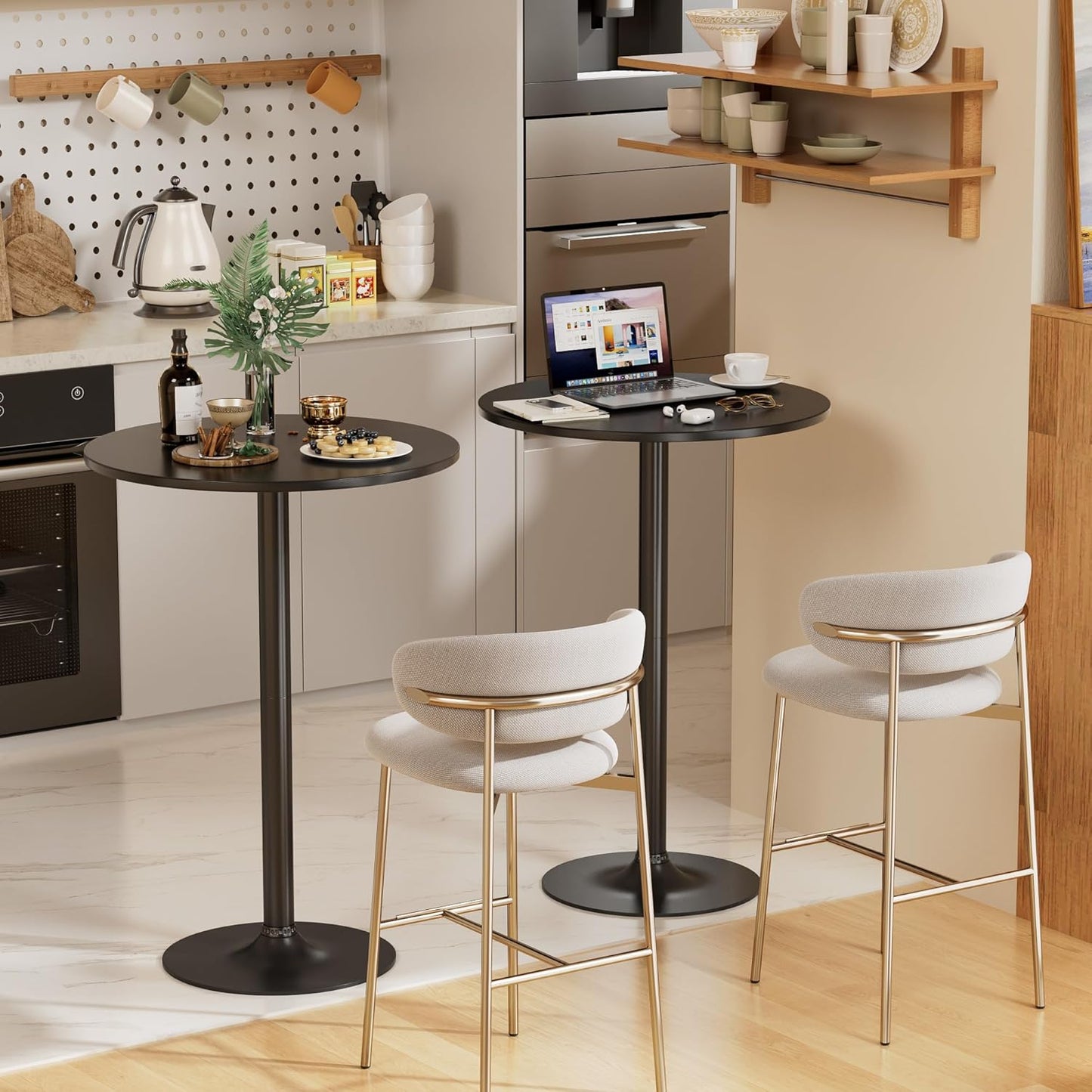 Shahoo Round Bar Table, Cocktail Tables with Metal Base & MDF Top, for Bistro Pub, Cafe, Set of 2, Black
