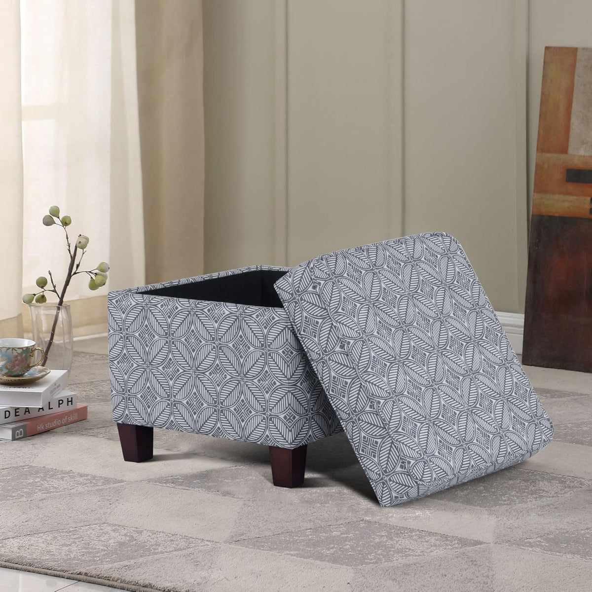 HomePop Home Decor | K7342-A874 | Classic Square Storage Ottoman with Lift Off Lid | Ottoman with Storage for Living Room & Bedroom, Blue Indigo Print, Large
