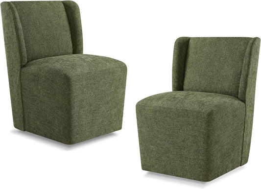 Upholstered Dining Chair with Casters Wingback Modern Side Armless Deskchair with Rollers for Diningroom Bedroom Livingroom Reading Room,Green,2 Box