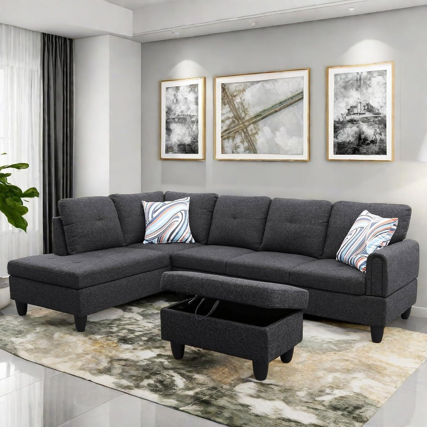 Convertible Sectional Couch, Large L Shaped Couch with Storage, Modern Modular 5-Seat Sectional Sofa with Ottomans for Living Room and Office, Black Grey