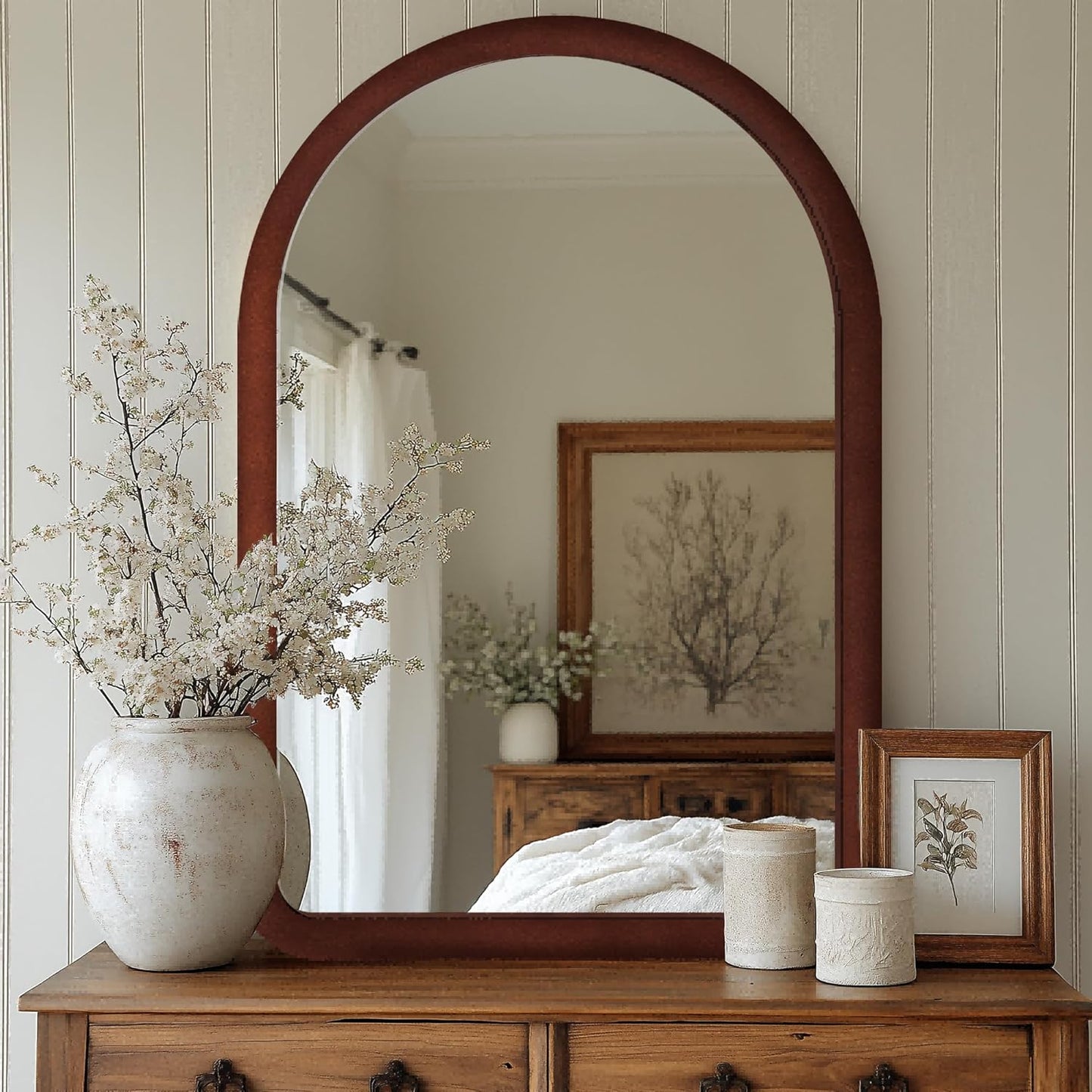 36"x24" Arched Bathroom Mirror, Wall Mounted Vanity Plush Flannel Frame Mirror for Bedroom, Entryway, Living Room, Dark Brown