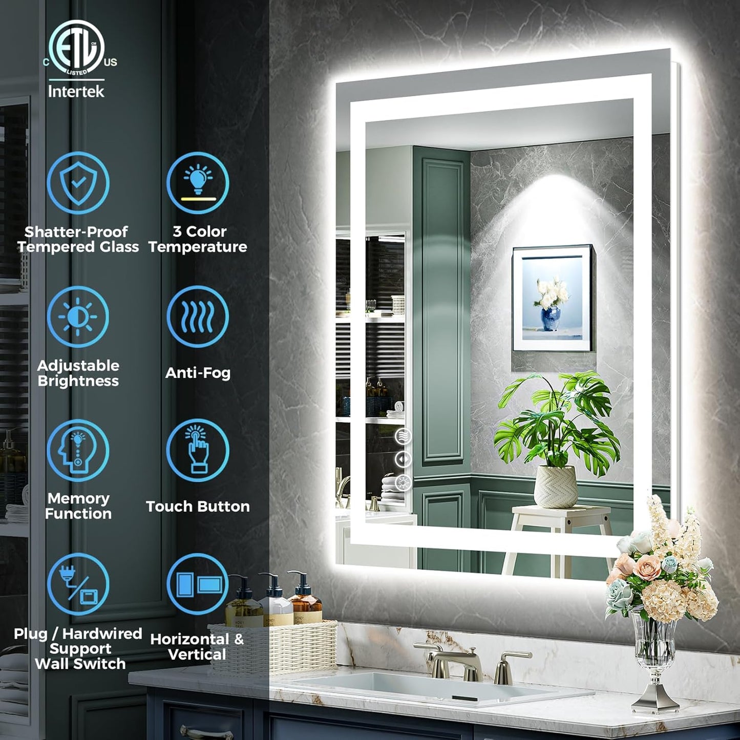 32x36 Inch LED Bathroom Mirror with Lights Front and Backlit Lighted Vanity Mirror for Bathroom Wall with 3 Colors Dimmable Anti-Fog Memory Shatter-Proof IP54 Waterproof Horizontal/Vertical