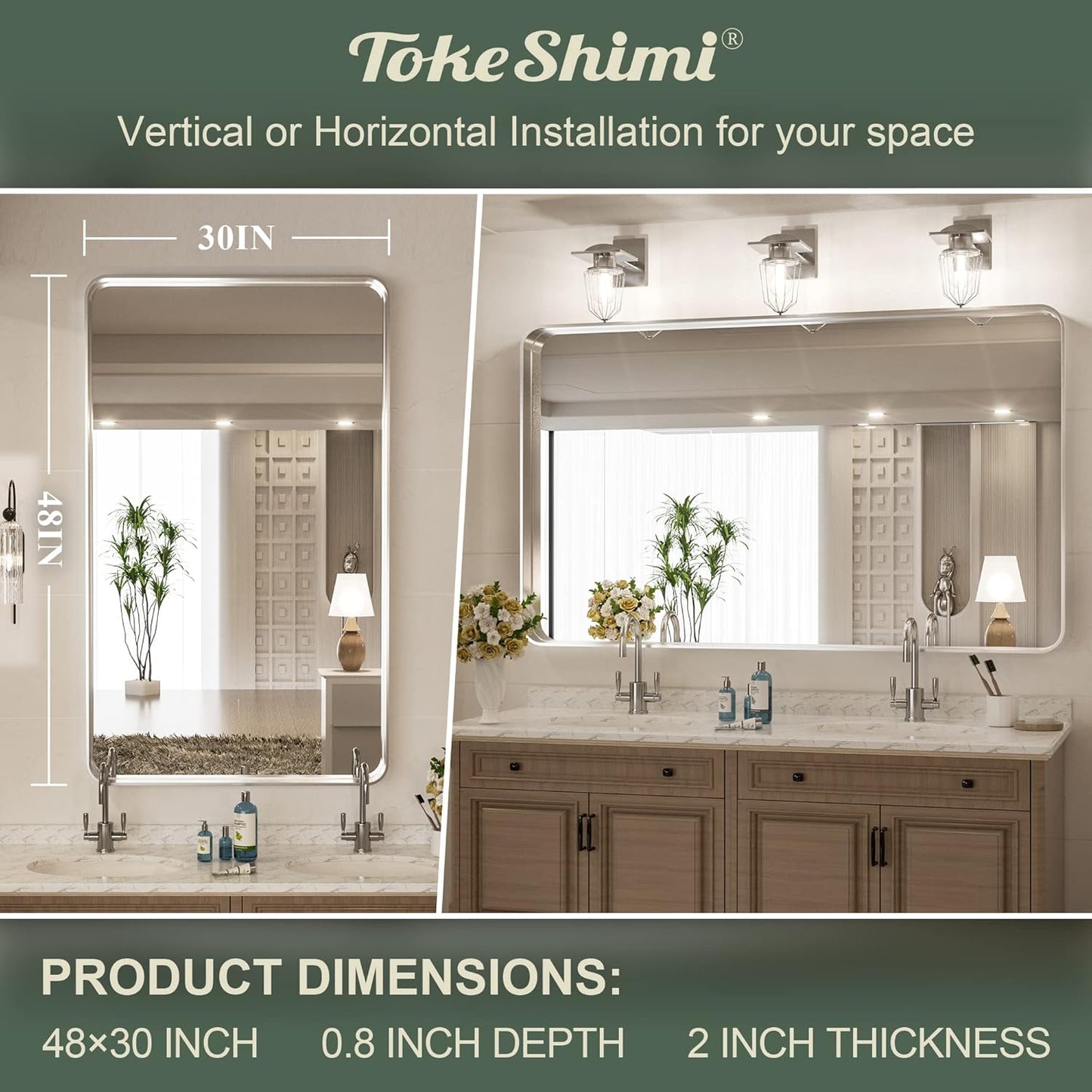 TokeShimi 48 x 30 Inch Brushed Silver Bathroom Mirror for Wall Brushed Brass Metal Rounded Corner Rectangle Mirror Metal Frame Deep Set Design Hangs Horizontal Or Vertical