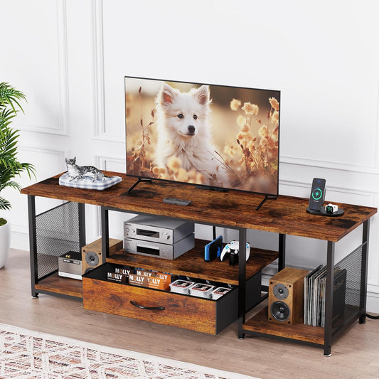 TV Stand with Drawers and Power Outlet for 65 60 55 Inch TV, Entertainment Center with Open Storage Shelves, Industrial Media TV Console Table for Living Room Bedroom Office, Rustic Brown