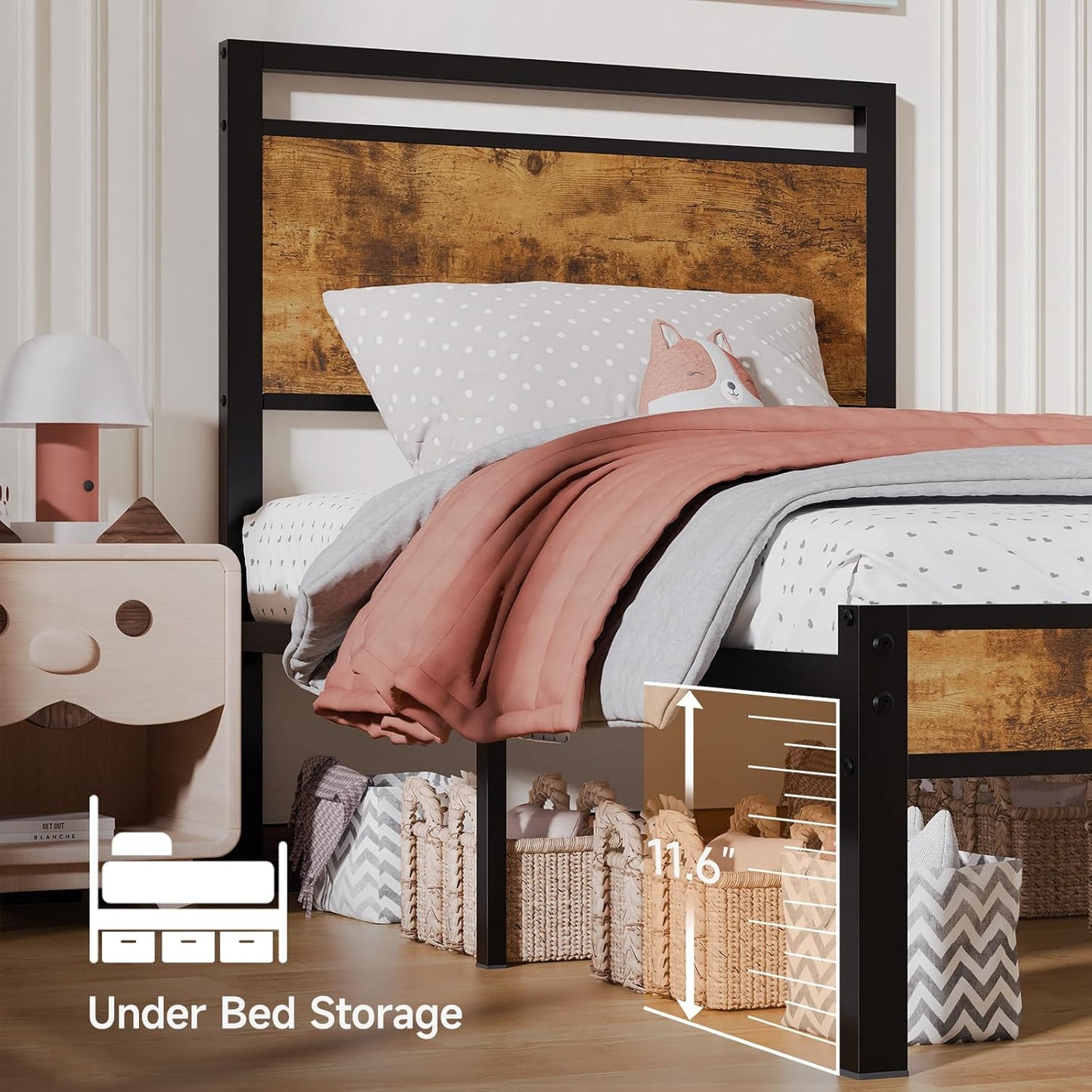 Z-hom Upgraded Twin Bed Frames, Heavy Duty Metal Sturdy Bed Frame Twin Size with Modern Wood Headboard & Footboard, Stable Platform Bed Furniture Bed Storage, No Noise, No Box Springs, Vintage Brown