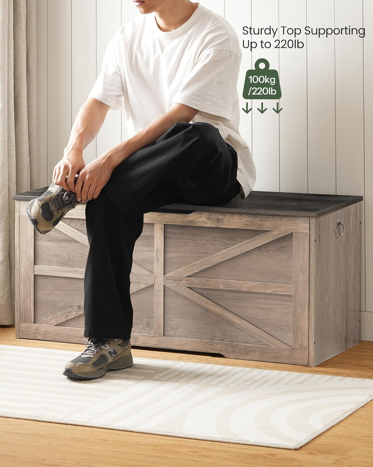 Storage Chest, 43.3" Wooden Storage Trunk, Retro Storage Bench with Safety Hinge, Toy Box, Farmhouse Style, for Bedroom, Living Room, Charcoal Gray and Greige MCW11HC