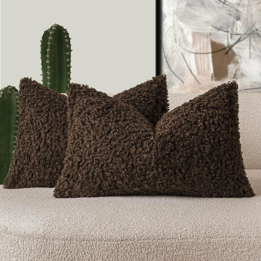 Foindtower Set of 2 Curly Teddy Wool Pillow Covers Decorative Boucle Textured Lumbar Throw Pillow Faux Fur Sherpa Pillowcases Sheepskin Fuzzy Cushion Case for Sofa Bedroom Car 12"x20" Dark Brown