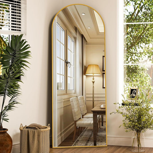 Arched Full Length Mirror, 64" x 21" Arch Floor Mirror with Stand, Full Length Wall Mirror Hanging or Leaning Arched-Top Full Body with Stand for Bedroom, Dressing Room, Gold