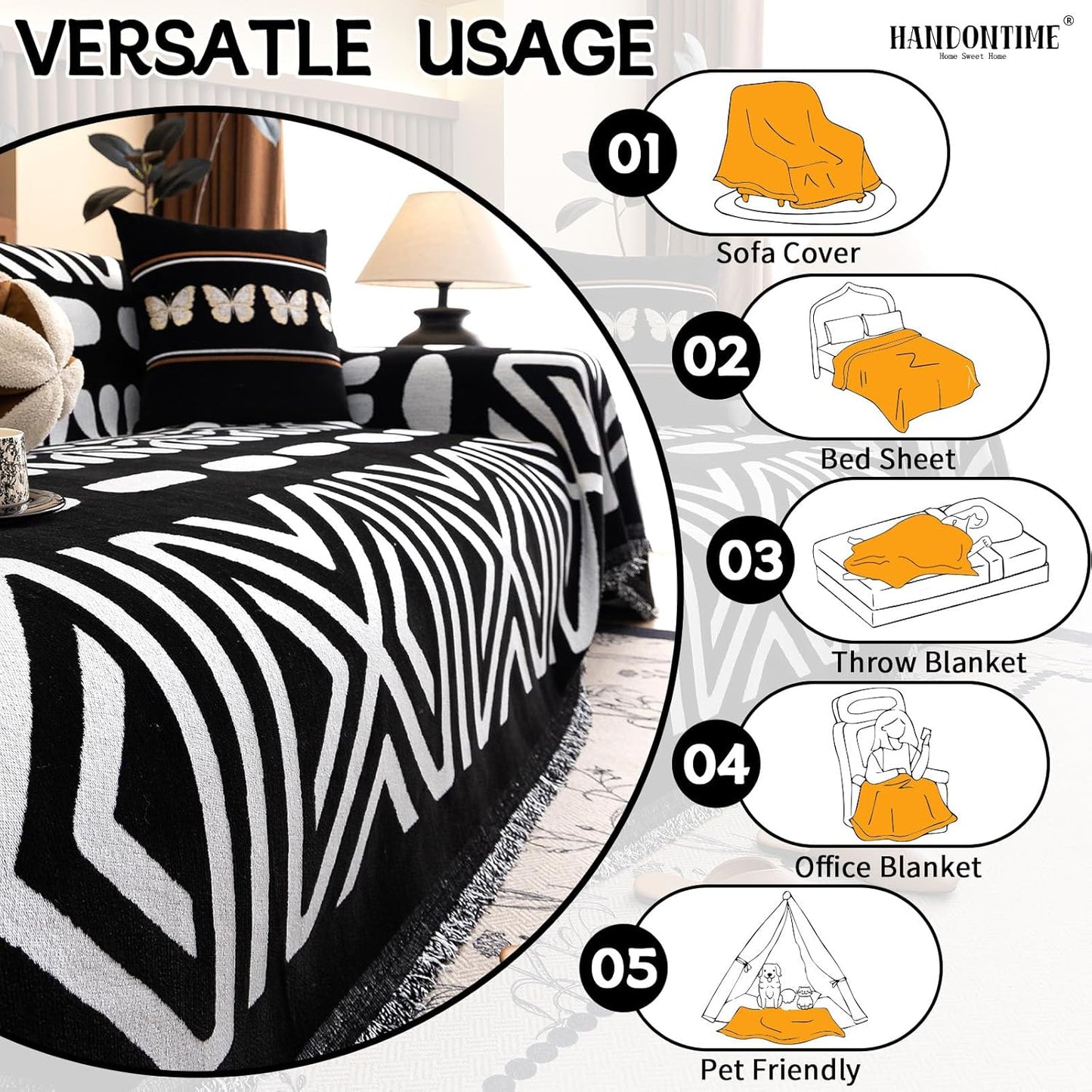 HANDONTIME Boho Couch Cover Blanket Geometric Striped Pet Covers for Couches and Sofas Black and White Dog Cover for Couch Pet Friendly Chenille Sectional Sofa Covers for Pets Washable, 71" X 118"