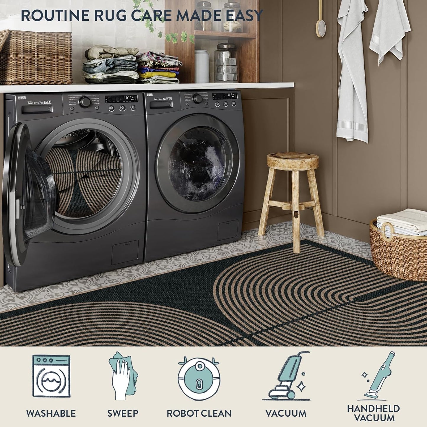 Lahome Modern Rainbow Easy Jute Outdoor Carpet, Washable Rugs 9x12 for Living Room Patio Large Farmhouse Indoor Outdoor Carpet, Contemporary Black Dining Room Rugs for Under Table Office Backyard
