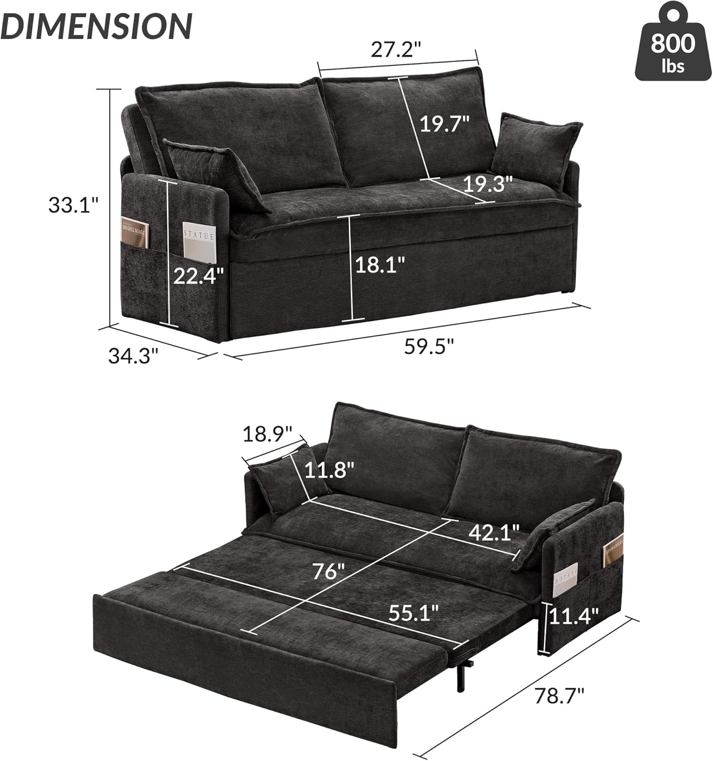 Furnimart 59.5" Queen Size Pull Out Sofa Bed, 3 in 1 Convertible Sleeper Bed with USB/C-Type Charging Ports & Side Pockets, Modern Futon Couch for Living Room, Apartment, RV, Chenille Black