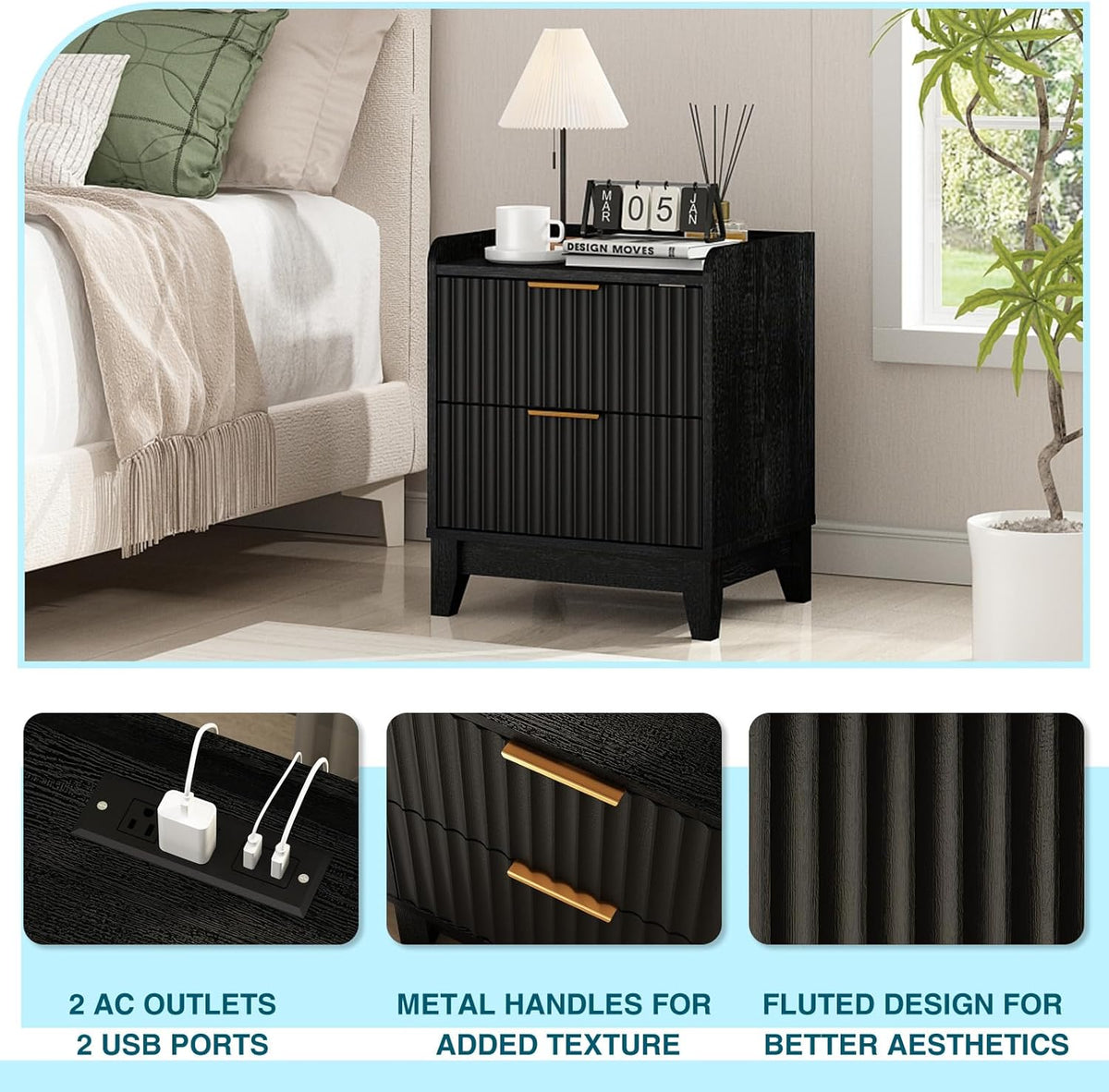 Wnutrees Fluted Nightstand with Charging Station, Modern Bedside Table with 2 Drawers, Farmhouse Wooden End Side Table Living Room, Black