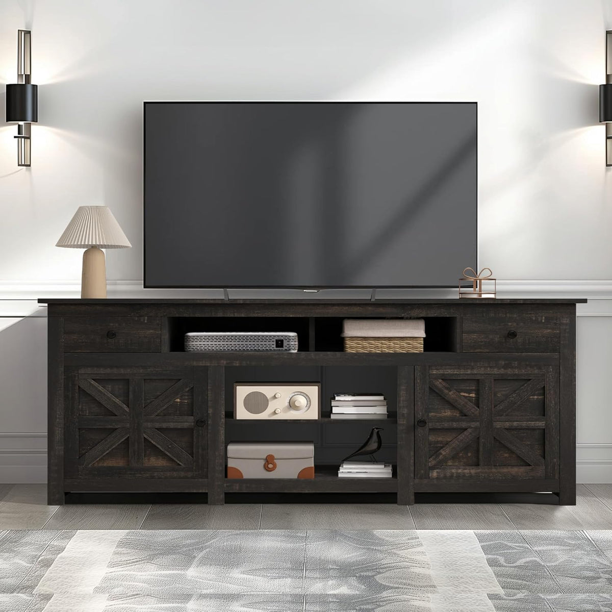 DWVO Farmhouse TV Stand for 75/80 Inches TVs, Entertainment Centers Furniture 30" Tall, TV Consoles with Storage Drawers & Power Outlet, Rustic TV Stands for Living Room, Dark Rustic Oak