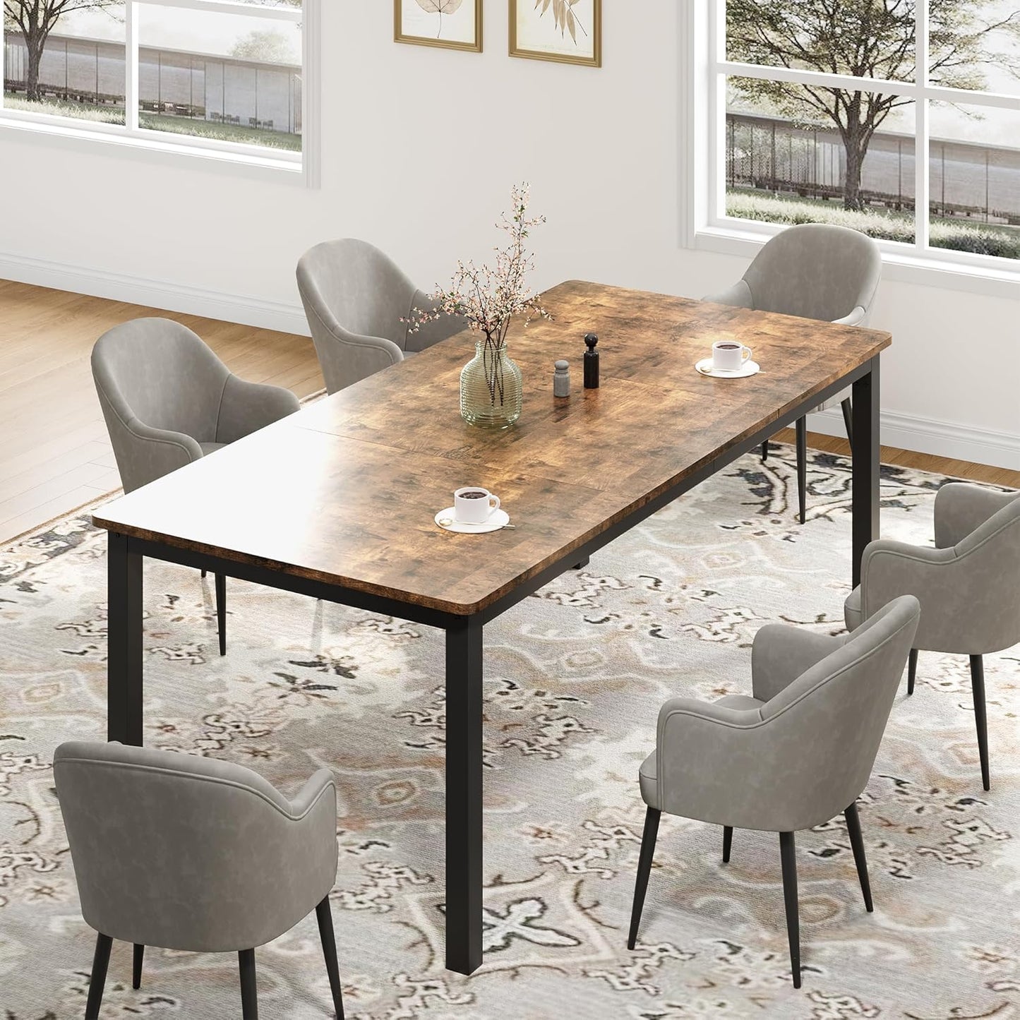 GarveeHome 70.8in Industrial Dining Table for 6, Wooden Long Dinner Table with Mortise Tenon Design, Kitchen Table with Sturdy Metal Legs, for Dining Room Home Office Living Room, Retro