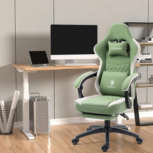 Dowinx Gaming Chair Breathable Fabric Game Chair with Gel Pad, Comfortable Gamer Chair with Pocket Spring Cushion, Ergonomic Computer Chair with Footrest and Storage Bag, Green