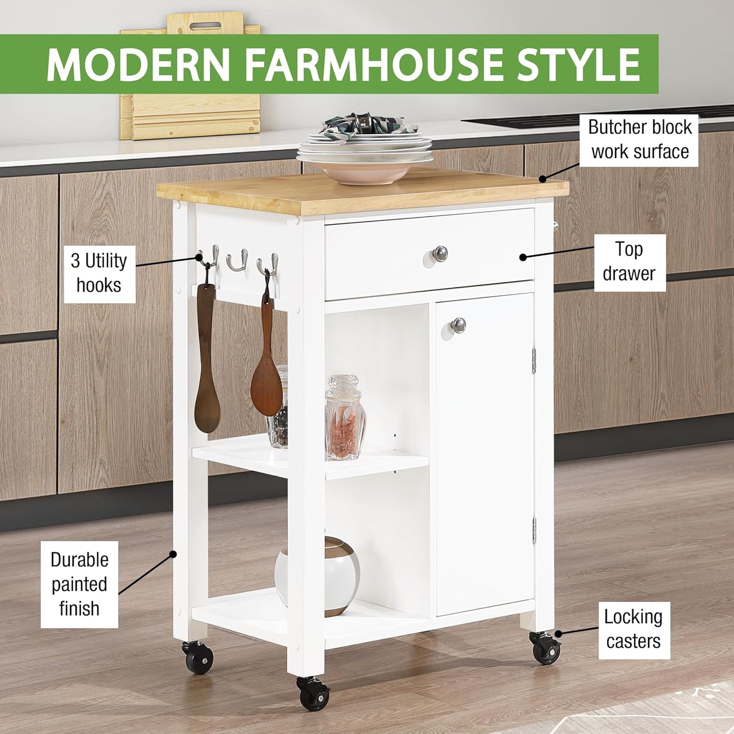 OSP Home Furnishings Derry Modern Farmhouse Kitchen Cart with Natural Butcher Block Top, Rolling Storage Cabinet with Drawer, Shelves, Hooks, White Finish