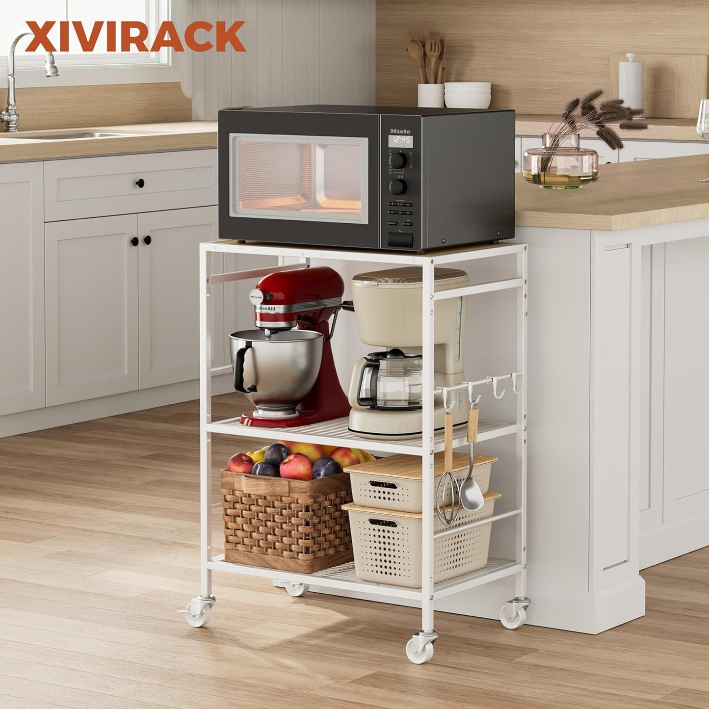 3-Tier Kitchen Cart with Adjustable Shelves - Microwave Storage Cart & Utility Rolling Organizer, Industrial Wheels for Small Spaces, 15.7"x23.6"x33.7" Kitchen Office Living Room Metal Rack