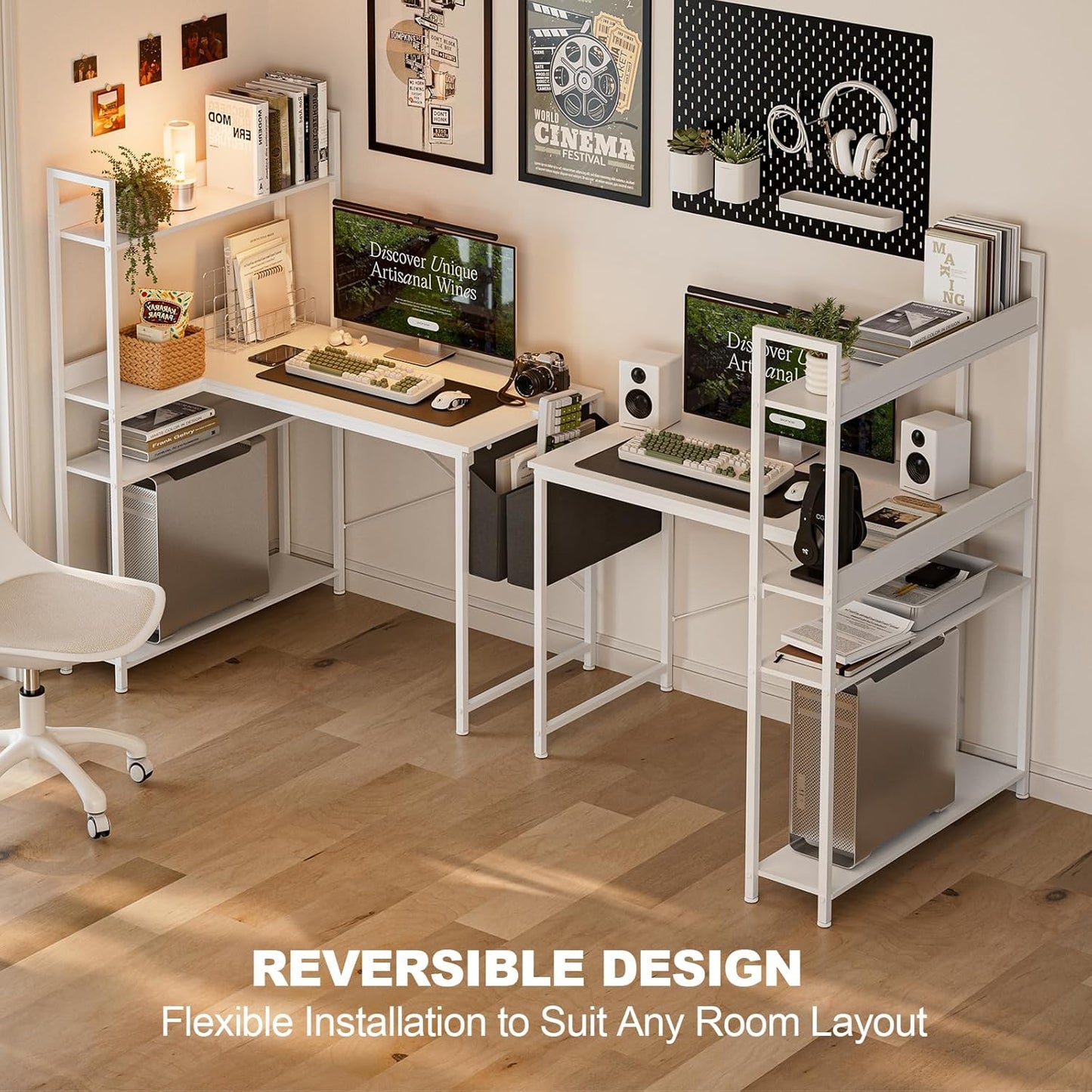 47 Inch L Shaped Computer Desk with Reversible Storage Shelves, Home Office Corner Desk Study Writing Table with Hutch, Study, White