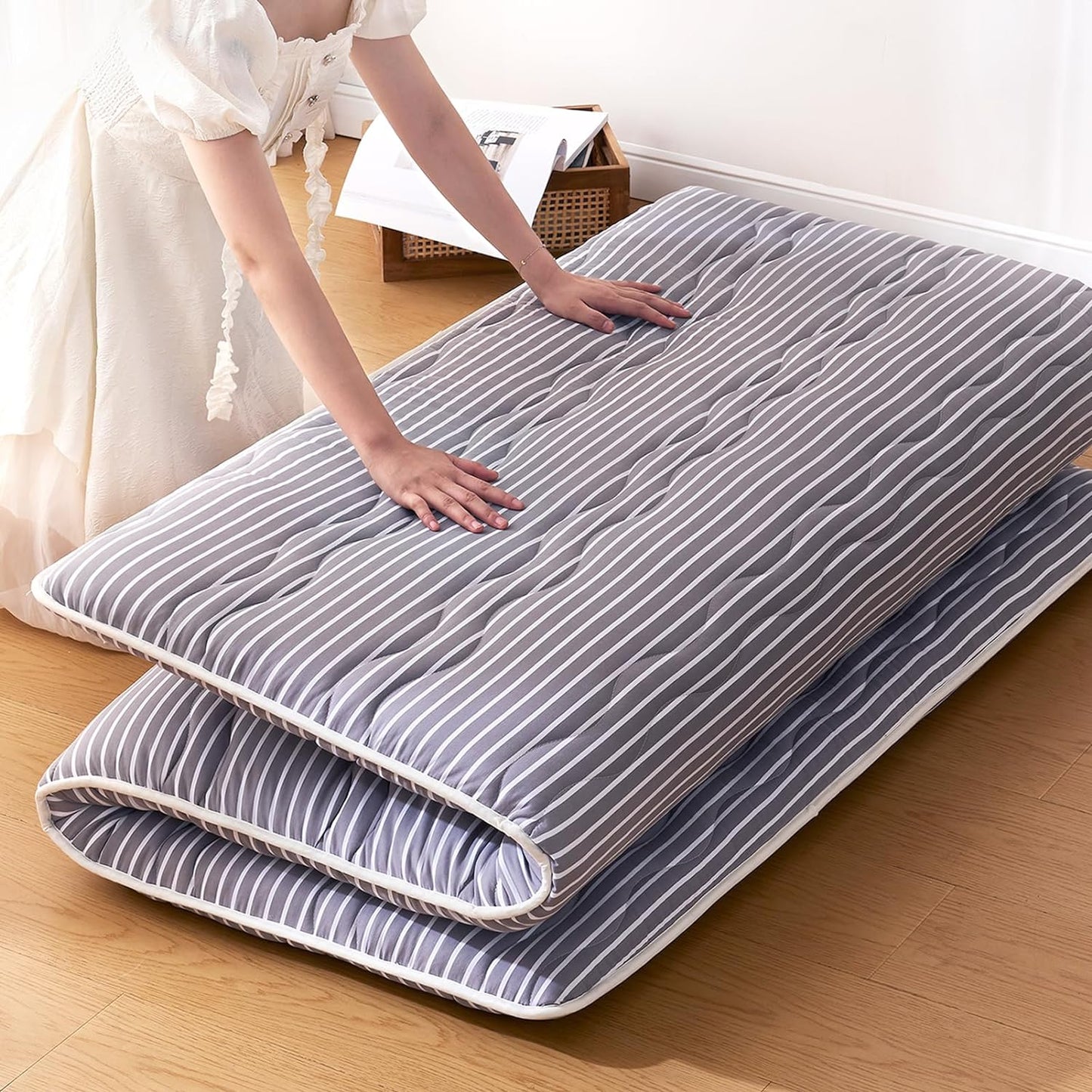 Japanese Floor Mattress, Futon Mattress Foldable, 100% High-Density Premium Foam, Thicken Tatami Mat Portable Dormitory Sleeping Pad, Small Single Size 75" X 25", Grey Stripes