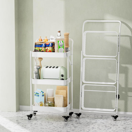 JAQ Foldable Rolling Cart, 3-Tier Metal Small Folding Storage Utility Carts Basket Rack Organizer with Handle on Wheels for Snacks Books Fruits for Kitchen Laundry Room Bathroom - (White, 3-Layer)
