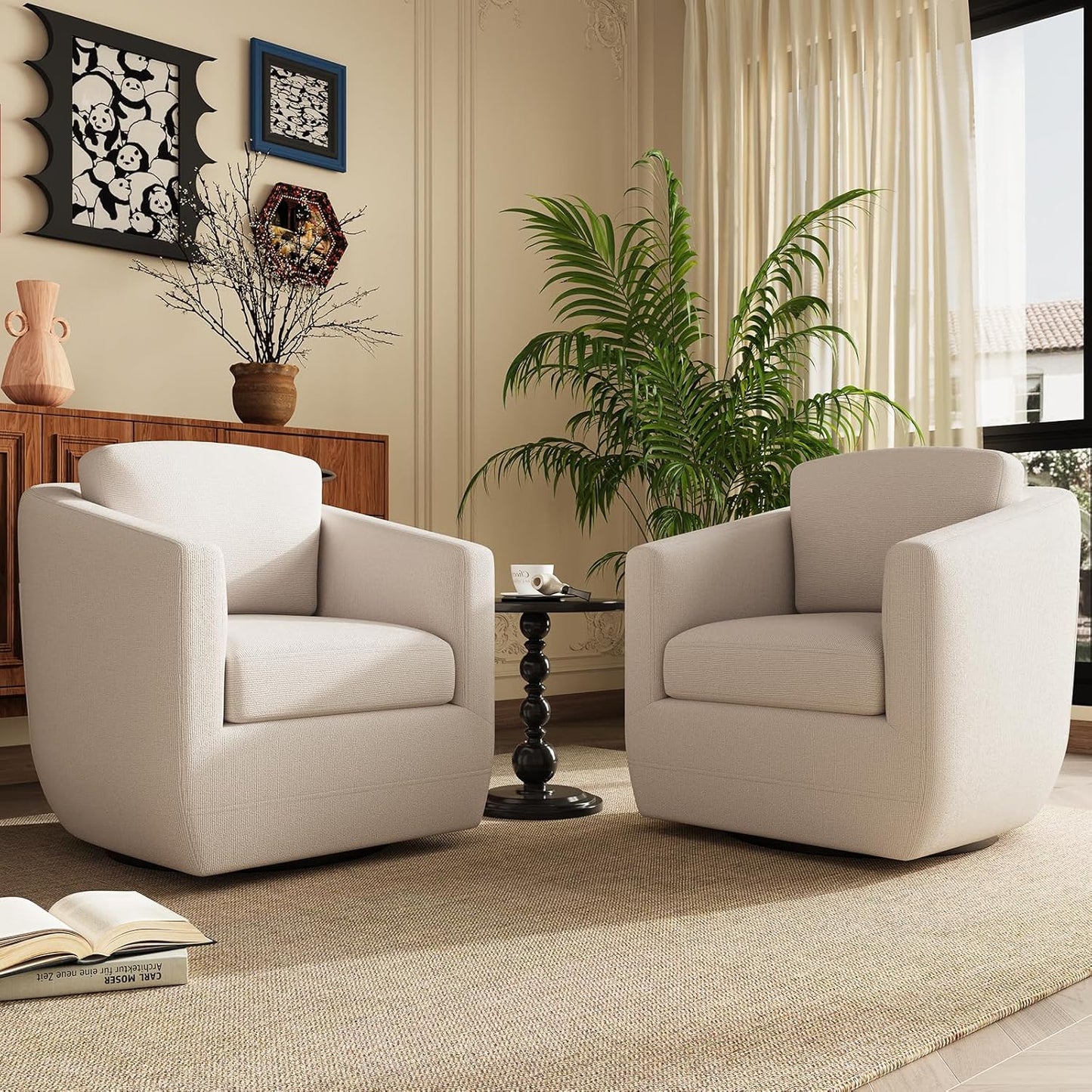 COLAMY 360° Swivel Accent Chair Set of 2 with Pillow - Comfy Living Room Armchair No-Sag Foam & Sturdy Metal Base, Fully Assembled Swivel Accent Single Sofa for Bedroom Living Room, Office, Beige