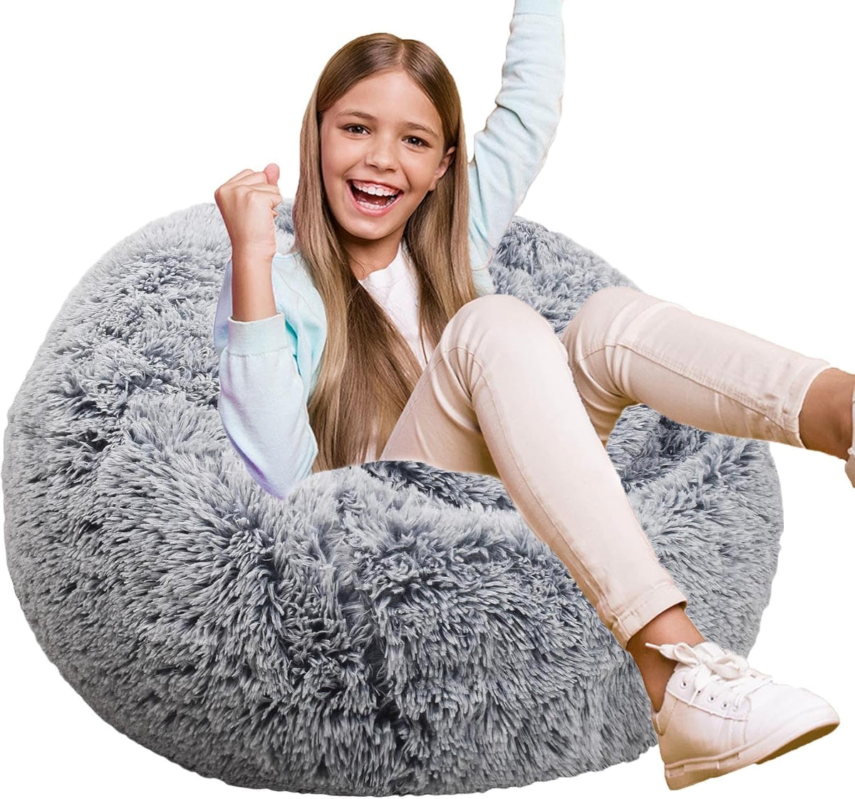 Fluffy Bean Bag Chair for Kids, 2.5FT Round Memory Foam Filled Bean Bag for Teens & Kids, Ultra Soft Faux Fur Fabric Bean Bag Chairs for Playroom, Living Room, Bedroom, Gray