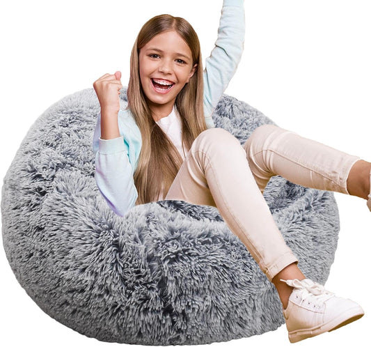 Fluffy Bean Bag Chair for Kids, 2.5FT Round Memory Foam Filled Bean Bag for Teens & Kids, Ultra Soft Faux Fur Fabric Bean Bag Chairs for Playroom, Living Room, Bedroom, Gray