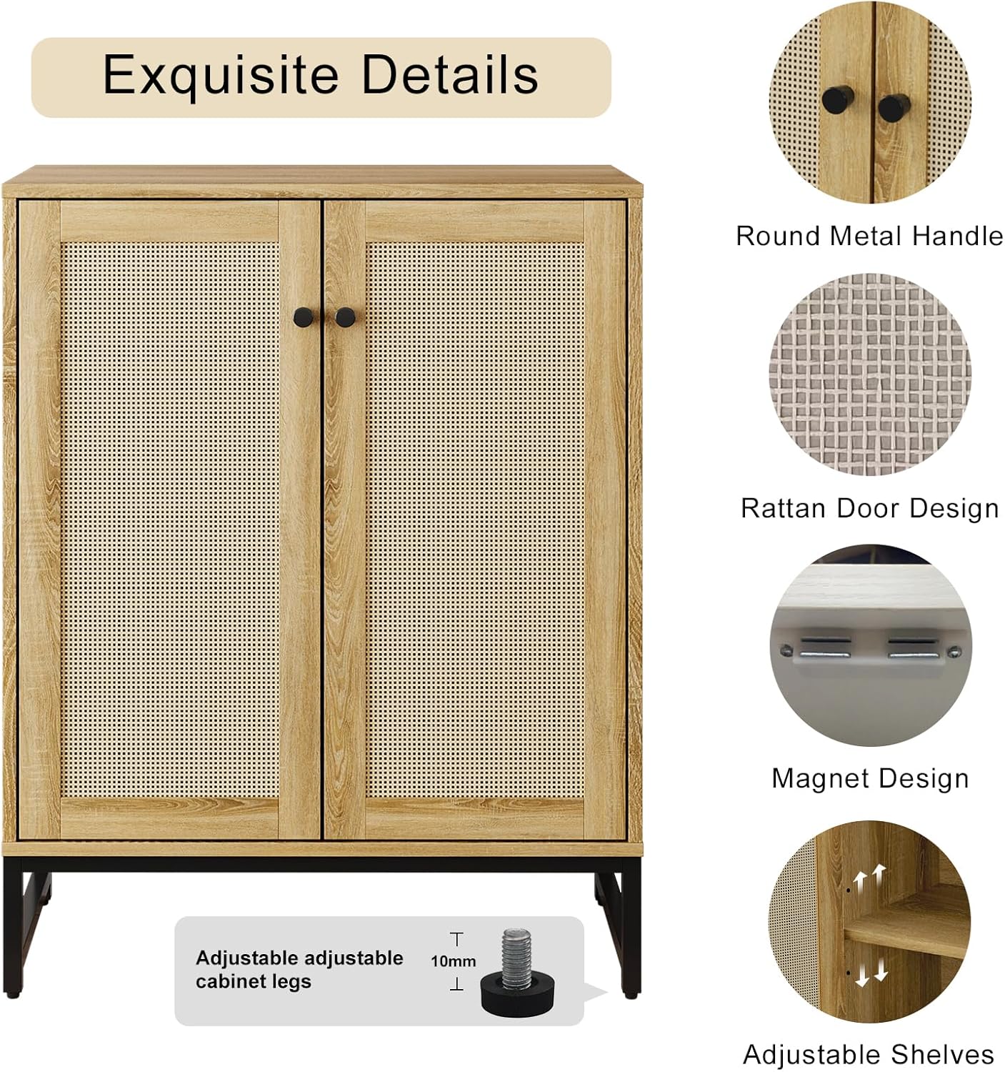 Sideboard Buffet Cabinet, Storage Cabinet with Double Rattan Doors, Modern Rattan Sideboard Cabinet, Kitchen Storage Cabinet with Metal Feet, for Entryway, Bedroom, Living Room (Natural Wood)