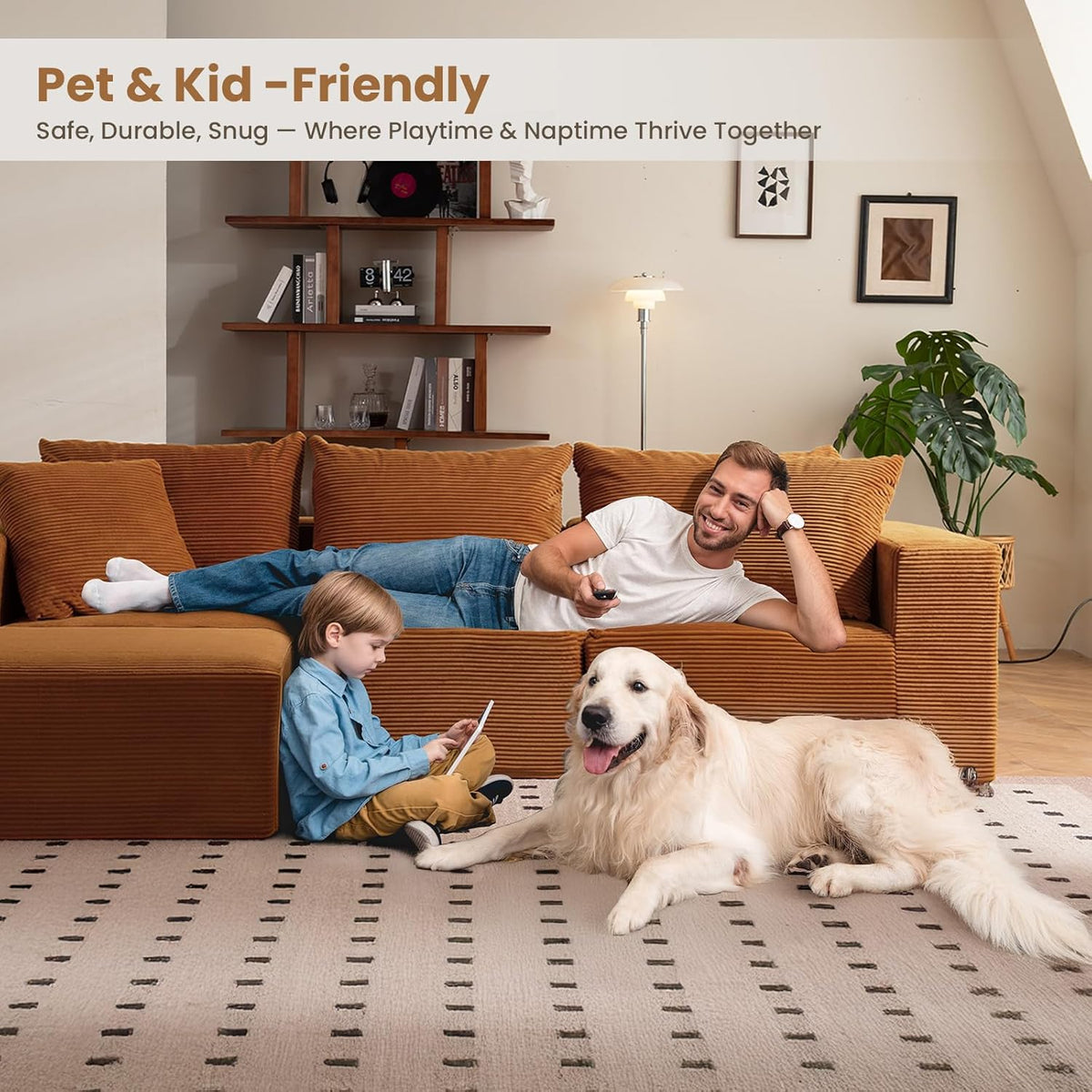 Modular Sectional Sofa, 108" L-Shaped Boneless Couch with Deep Seat, Corduroy Cloud Couch for Living Room, Bedroom, No Assembly Required, Ship in a Box, Orange