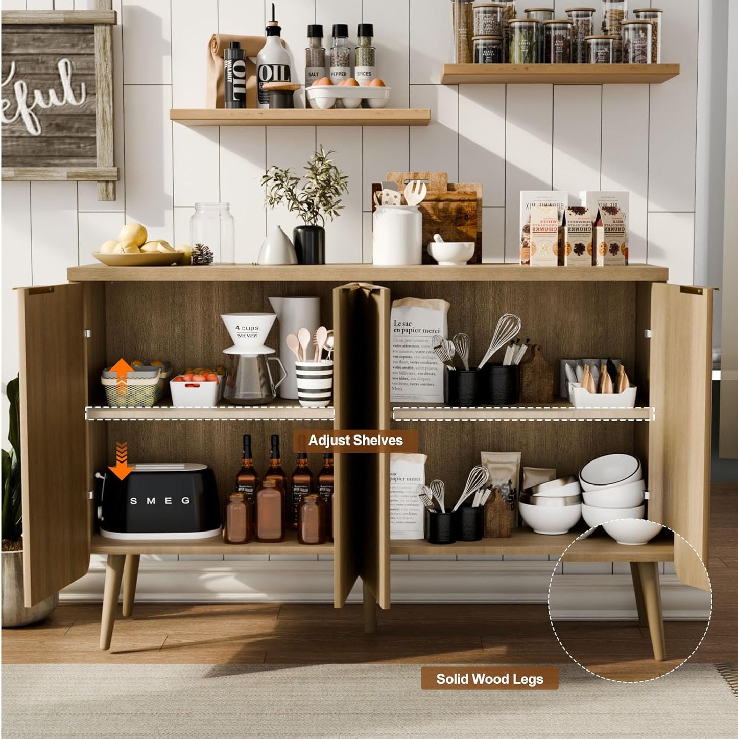 Sideboard Buffet Cabinet with Storage, 4 Doors Wood Entryway Cabinet, Modern Accent Cabinet with Solid Wood Feet & Adjustable Shelves, Multifunctional Console Table for Living Room, Kitchen, Hallway