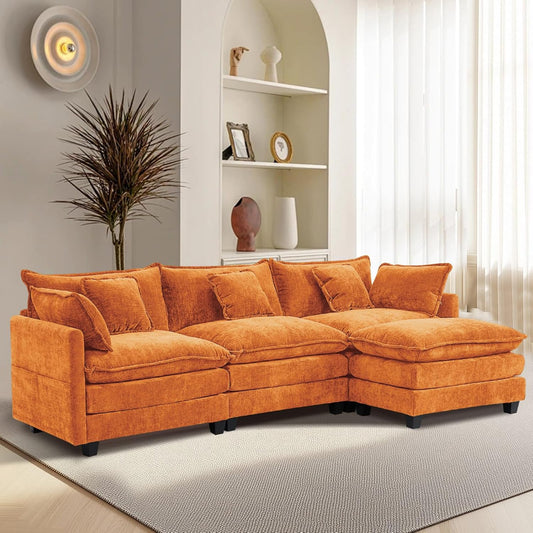 Furniliving 112‘’ L-Shaped Sofa, Luxury Chenille Modular Sectional Couches with Ottoman, Upholstered Deep Seat Sleeper Sofa with Memory Foam and Waist Pillows, Orange
