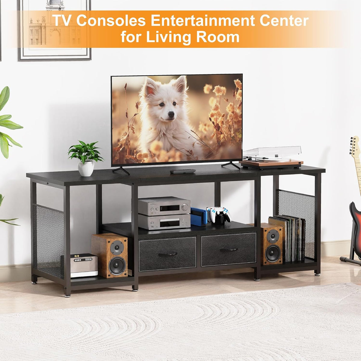 TV Stand with Drawers and Open Storage Shelves for 75 70 65 Inch TV, Entertainment Center with Open Storage Shelves, Industrial Media TV Console Table for Living Room Bedroom Office, Black