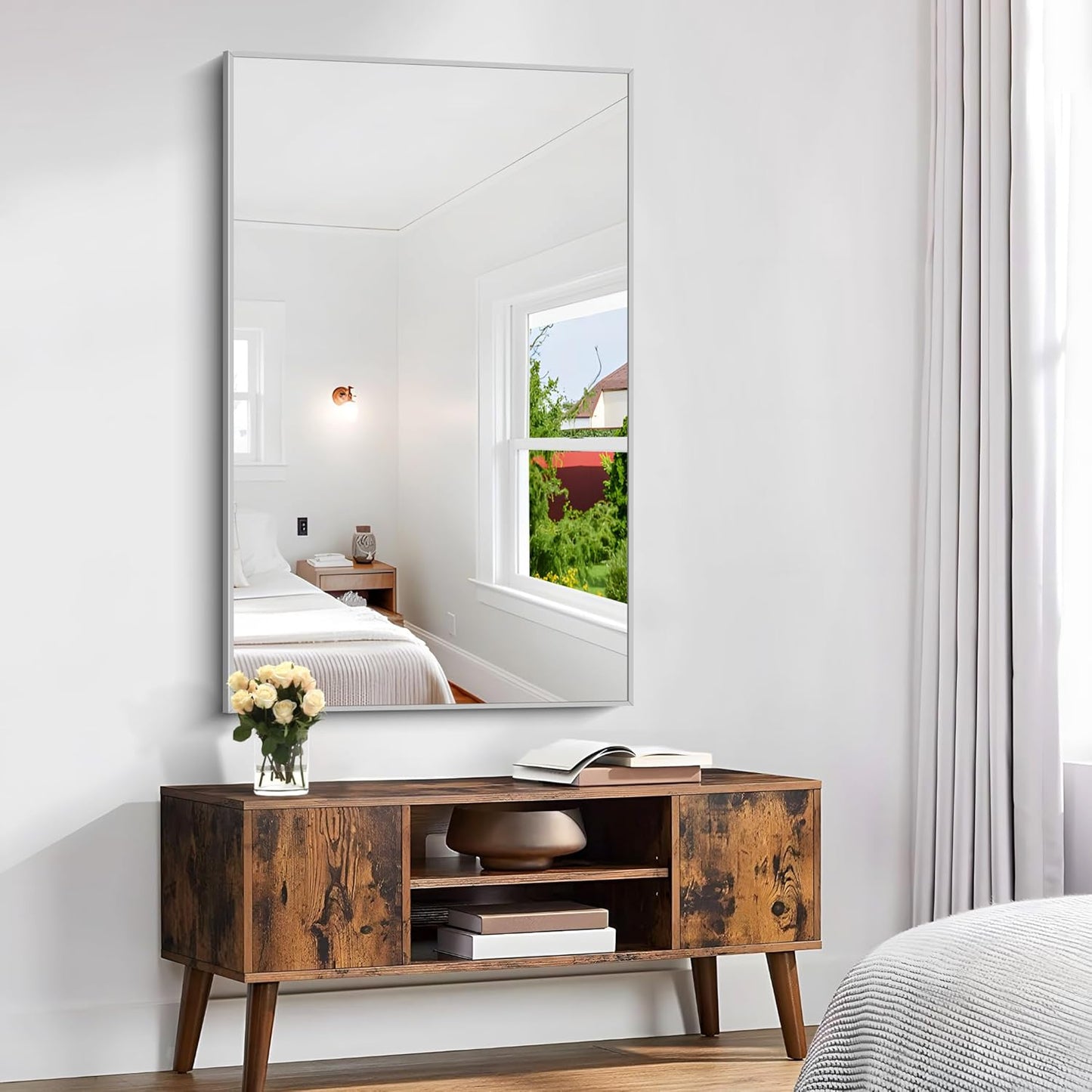 KOCUUY 30x48 Inch Large Silver Wall Mounted Mirror,Brushed Nickel Framed Rectangular Mirror for Wall Over Sink,Modern Design for Bedroom Living Room Bathroom,Functional Oversized Mirror