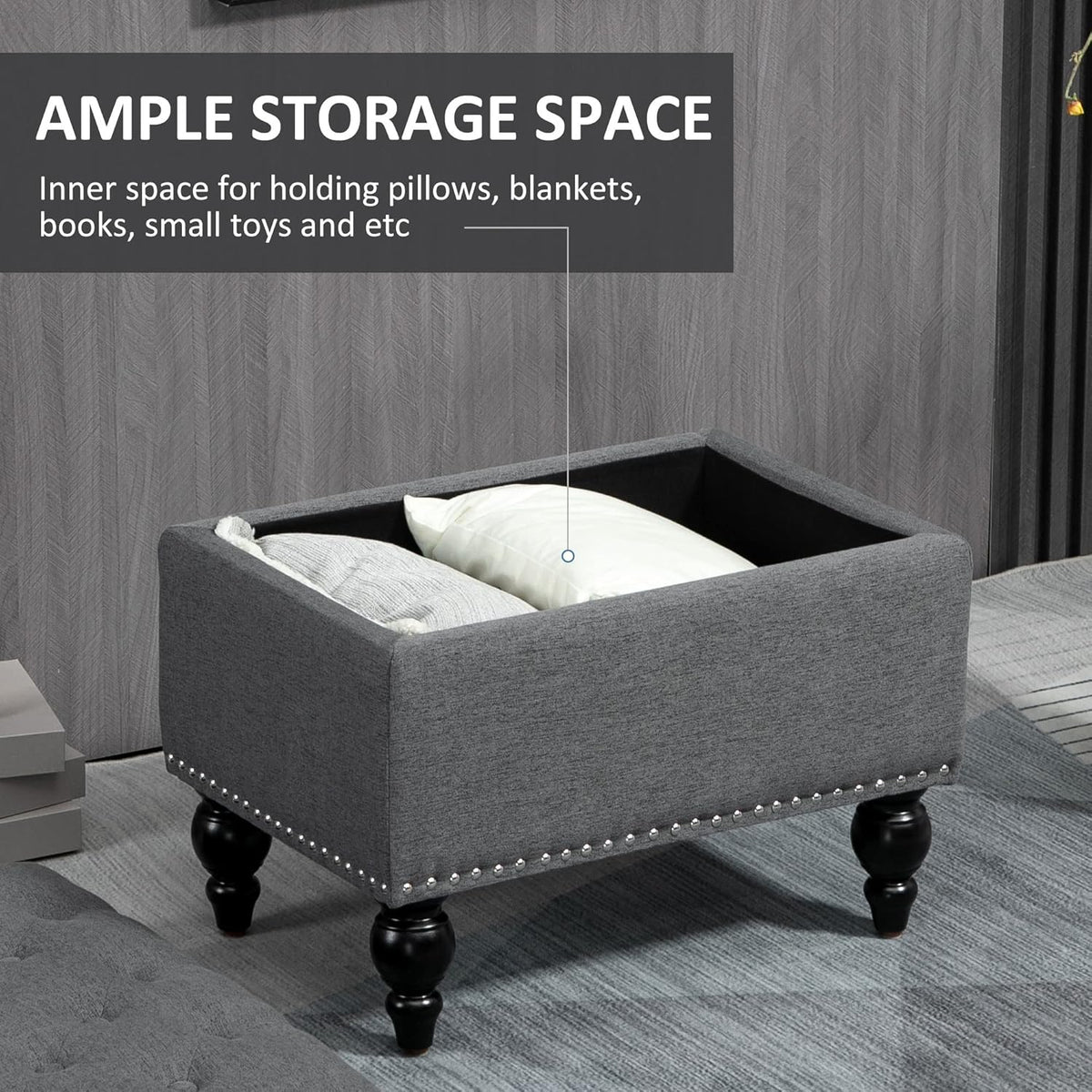 HOMCOM Ottoman with Storage for Living Room, 25" Storage Ottoman with Removable Lid, Button-Tufted Fabric Bench for Footrest and Seat with Wood Legs, Gray