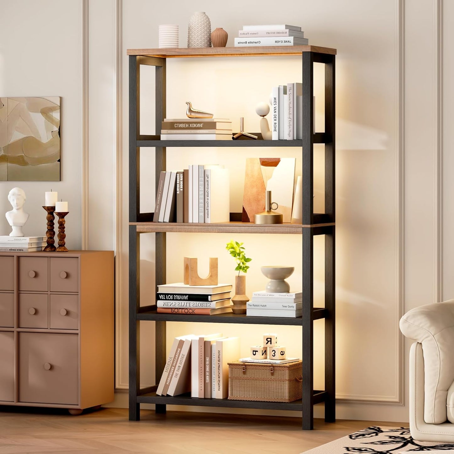 Vlsrka 5 Tier Wooden Bookshelf with Lights, 65" Tall Open Bookcase Storage Rack, Modern Bookshelf with Storage, Free Standing Display Book Shelves for Living Room, Home Office, Black