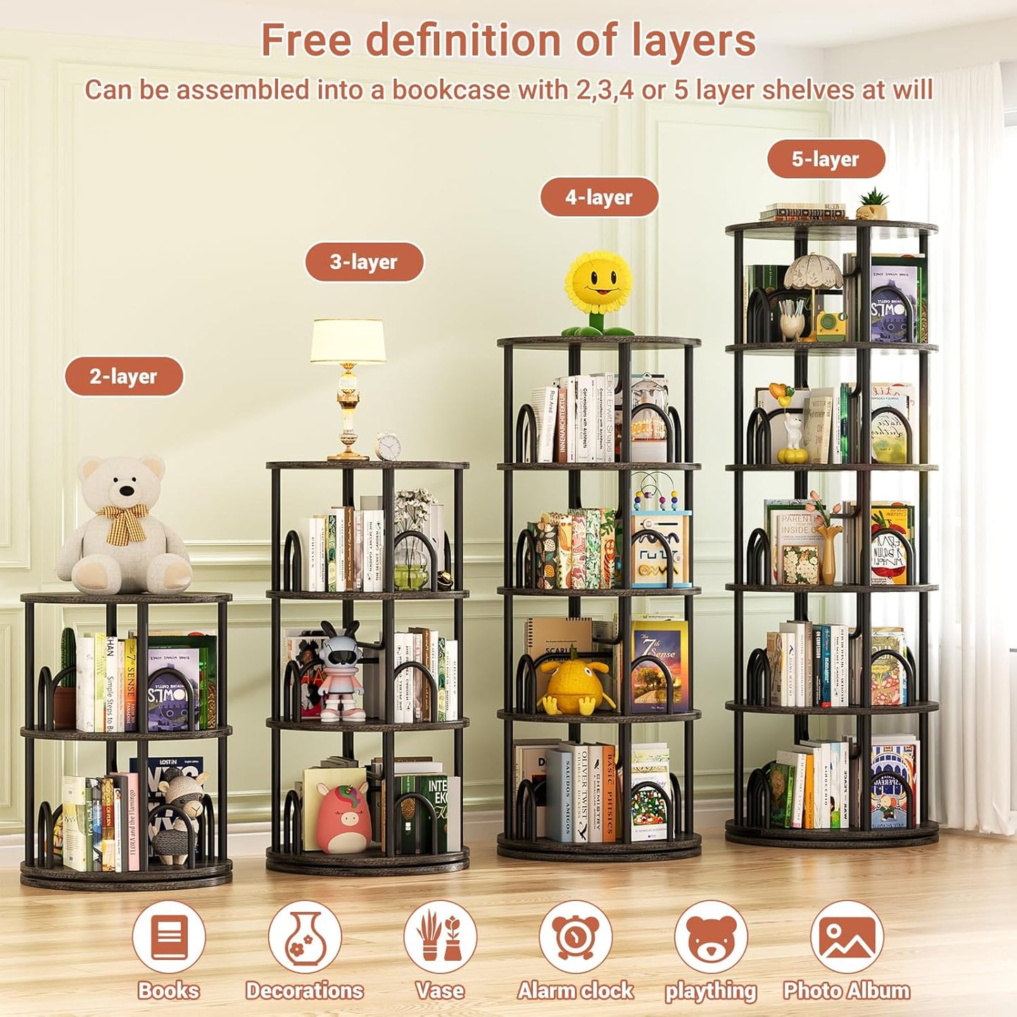Aheaplus 5 Tier Rotating Bookshelf Tower, 360 Display Spinning Bookcase, Revolving Round Book Shelf Narrow Swivel Bookshelf, Vertical Turning Corner Book Organizer for Small Space, Black Oak