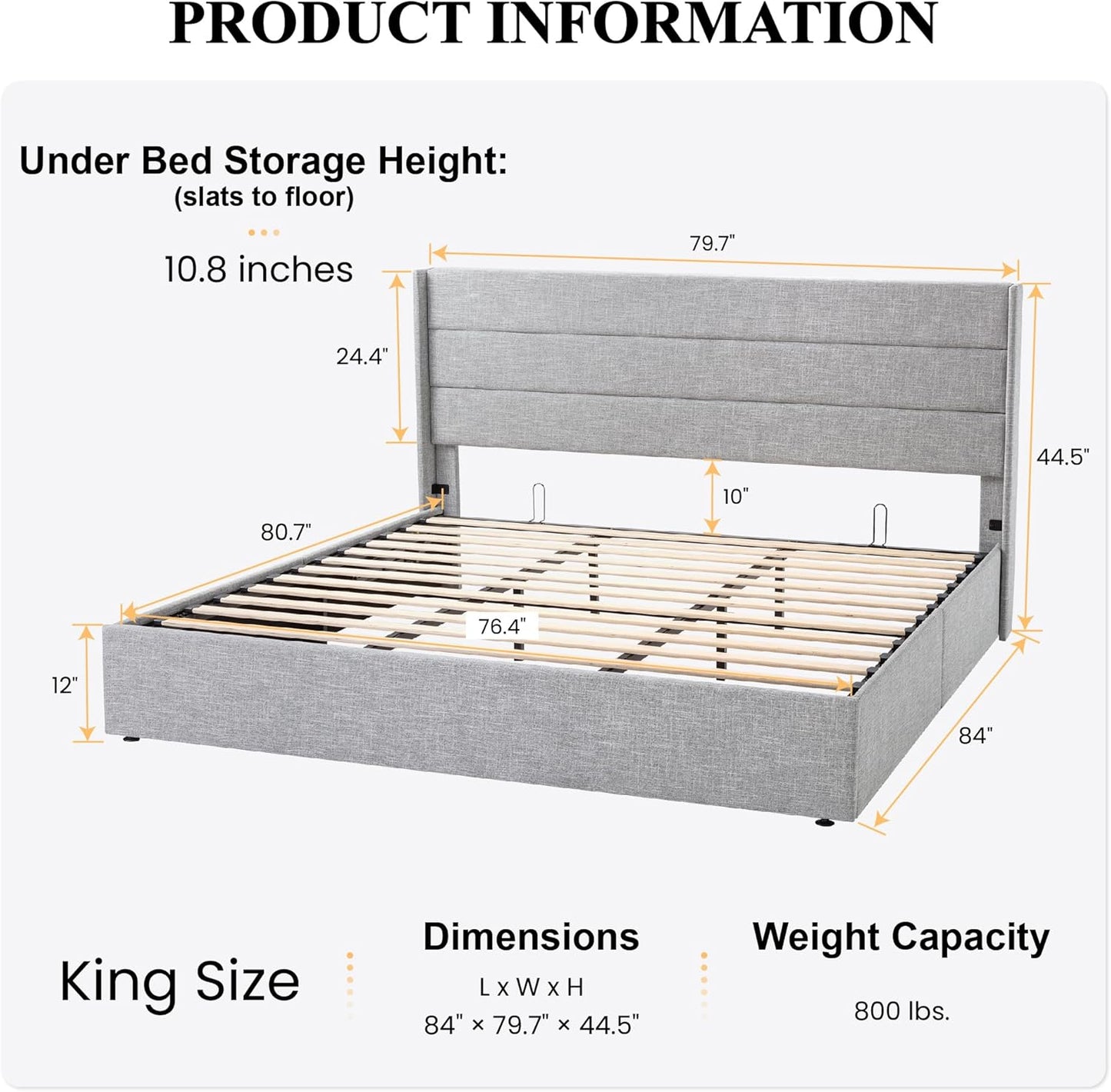 SHA CERLIN King Size Lift Up Storage Bed/Modern Wingback Headboard/Upholstered Platform Bed Frame/Hydraulic Storage/No Box Spring Needed/Wood Slats Support/Light Grey