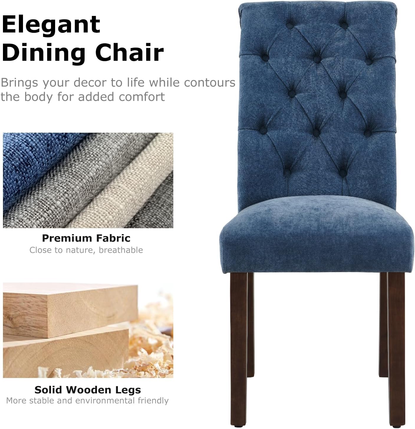 COLAMY Button Tufted Dining Chairs Set of 2, Parsons Upholstered Fabric Dining Room Chairs Kitchen Chairs with Wood Legs and Padded Seat, Blue