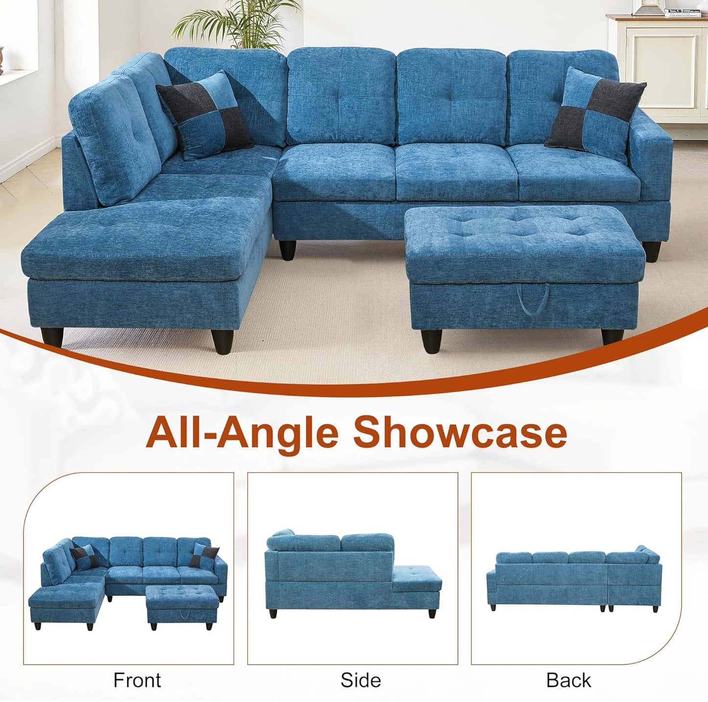Osparple L Shaped Couch Sectional Couches for Living Room Upholstered Flannel 3 Pieces Modular Sectional Sofa with Chaise, Ottoman with Storage for Living Room and Small Apartment, Steel Blue