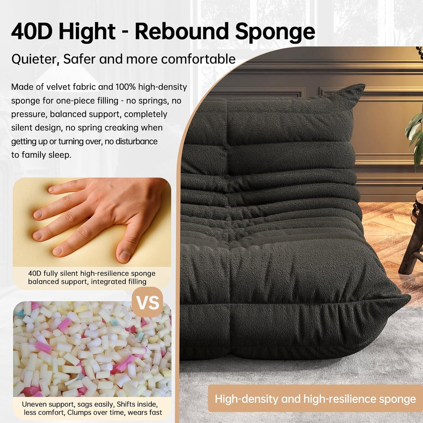 Bean Bag Chairs for Adults, BeanBag Reading Chair Memory Foam Couch, Floor Chair Soft Teddy Material, Comfy Reading Nook Chairs for Bedroom Living Room Office (Black)