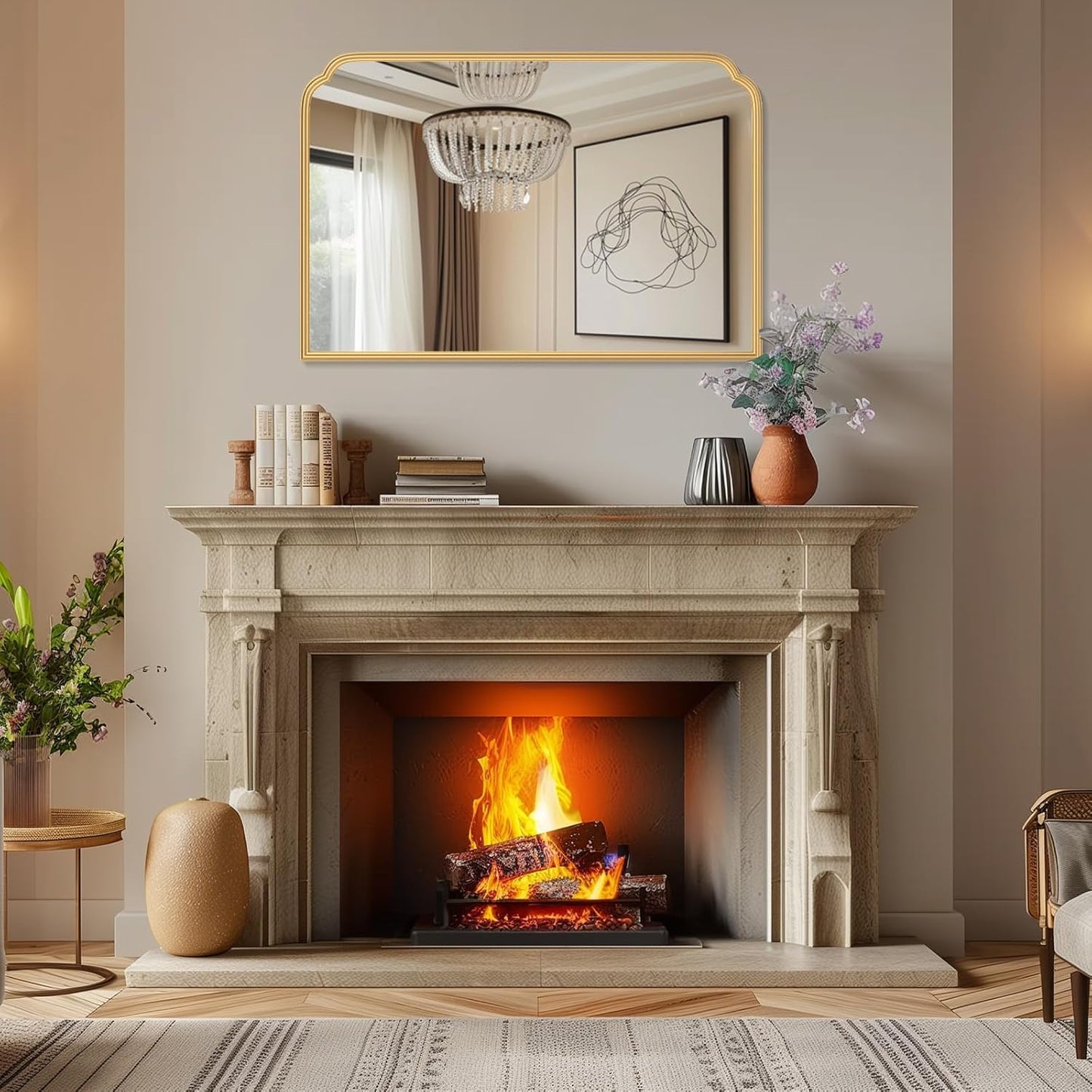 36X24 Inch Gold Bathroom Vanity Mirror for Over Sink, Modern Rounded Corner Fireplace Decor Mirror with Non-Rusting Iron Metal Framed