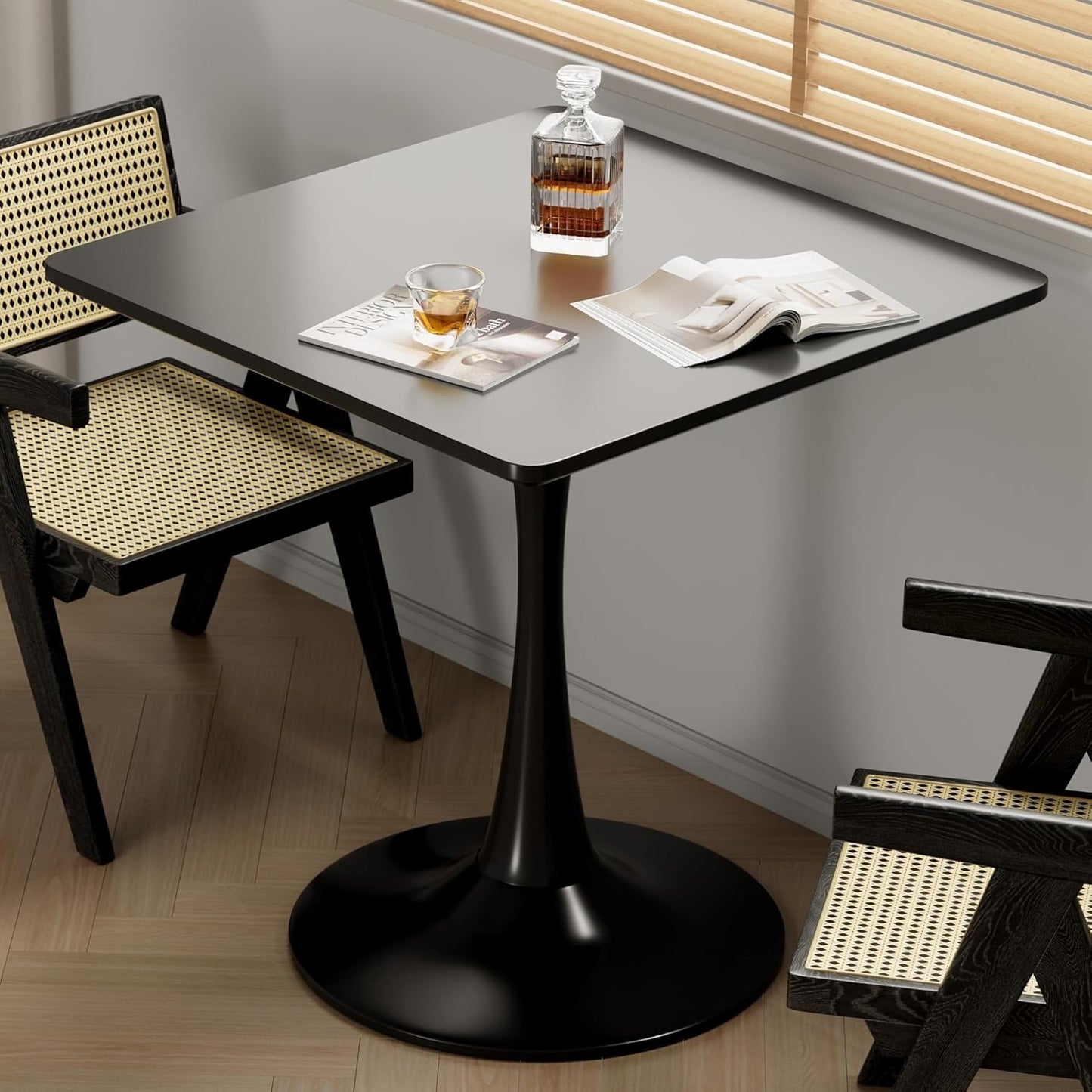 24" Black Tulip Table for Kitchen, Small Square Dining Table for 2 Person, Mid Century Modern Tables with Sturdy Metal Pedestal Base for Living Room, Cafe, Office, Pub, Bar, Bistro