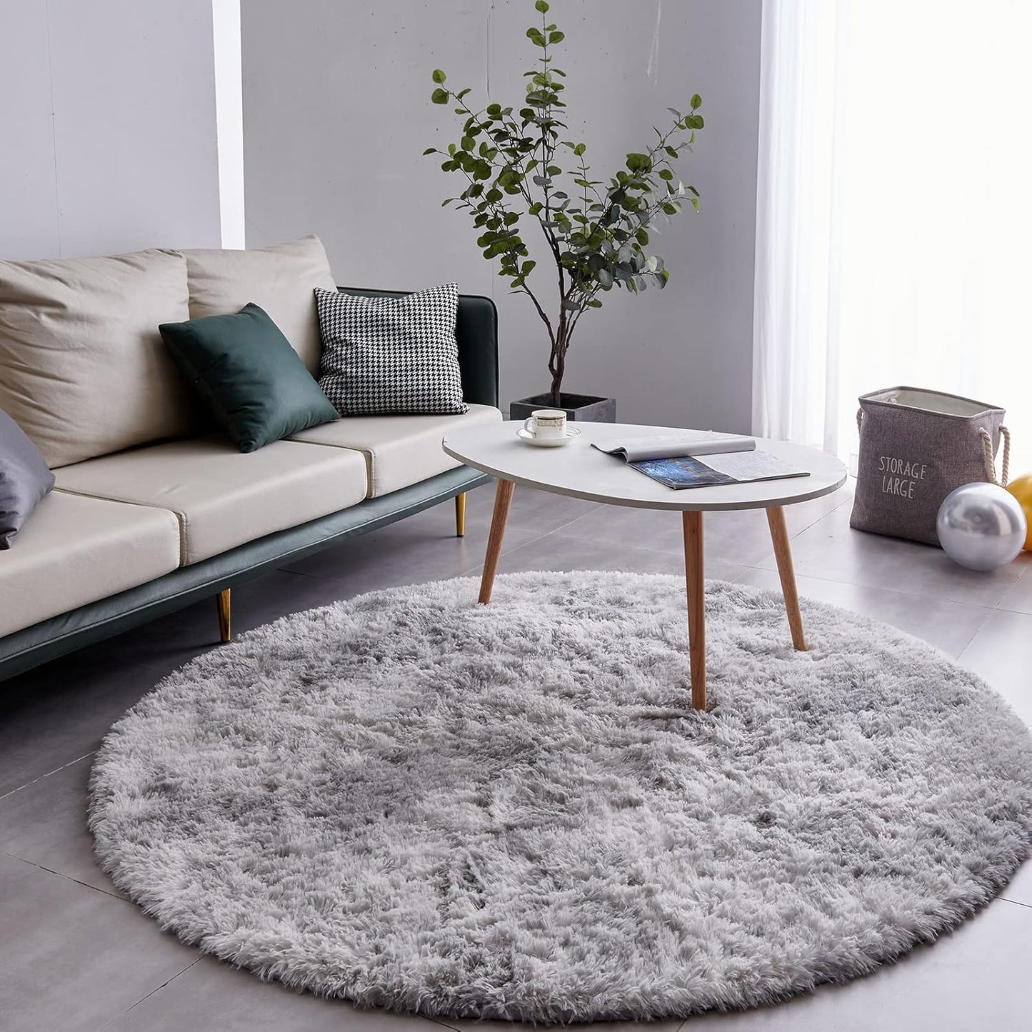 FJZFING Tie-Dyed Light Grey Round Rug Ultra-Soft Plush Modern 7x7 Circle Area Rug for Kid's Bedroom, Fluffy Shag Circular Rug for Nursery Room, Non-Slip Tie-Dyed Light Grey Rug for Teen's Room