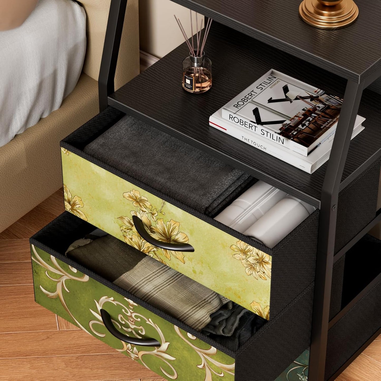 Furnulem Retro Night Stand with 3 Drawers and 2-Tier Shelf, Small Nightstand Side Table, Vintage Storage Dresser for Bedroom, Fabric Drawer Organizer for Closet, Beside Furniture